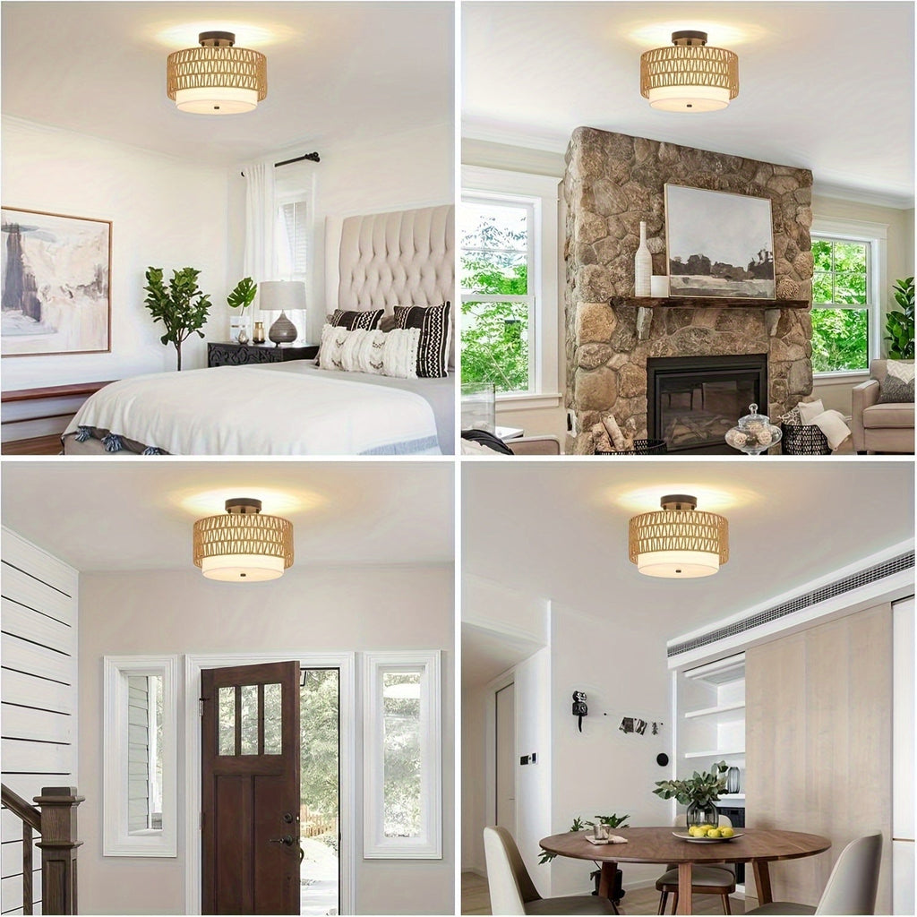 Boho Rattan Ceiling Light, Handwoven Rattan and Woven Fabric Semi Flush Mount, Natural Ceiling Lamp for Living Room, Bedroom and Hallway