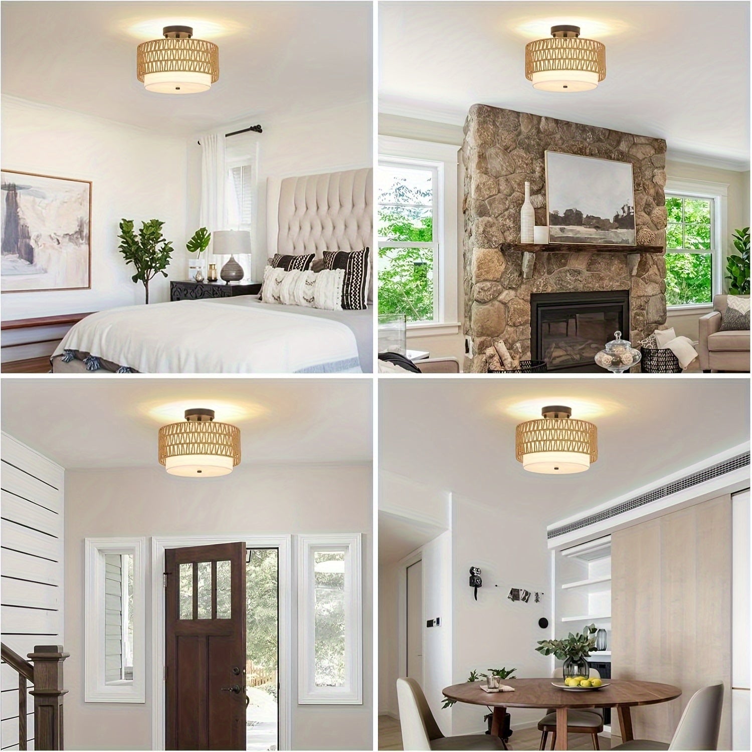 Boho Rattan Ceiling Light, Handwoven Rattan and Woven Fabric Semi Flush Mount, Natural Ceiling Lamp for Living Room, Bedroom and Hallway