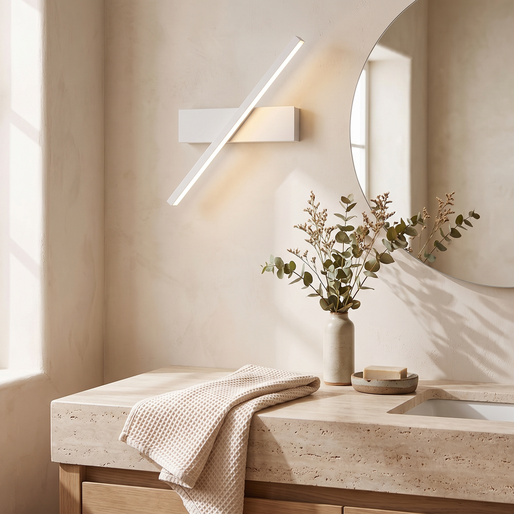 White sconce beside a round bathroom mirror