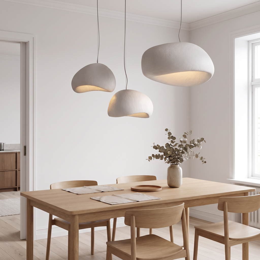 LED chandelier hanging above an oak dining table