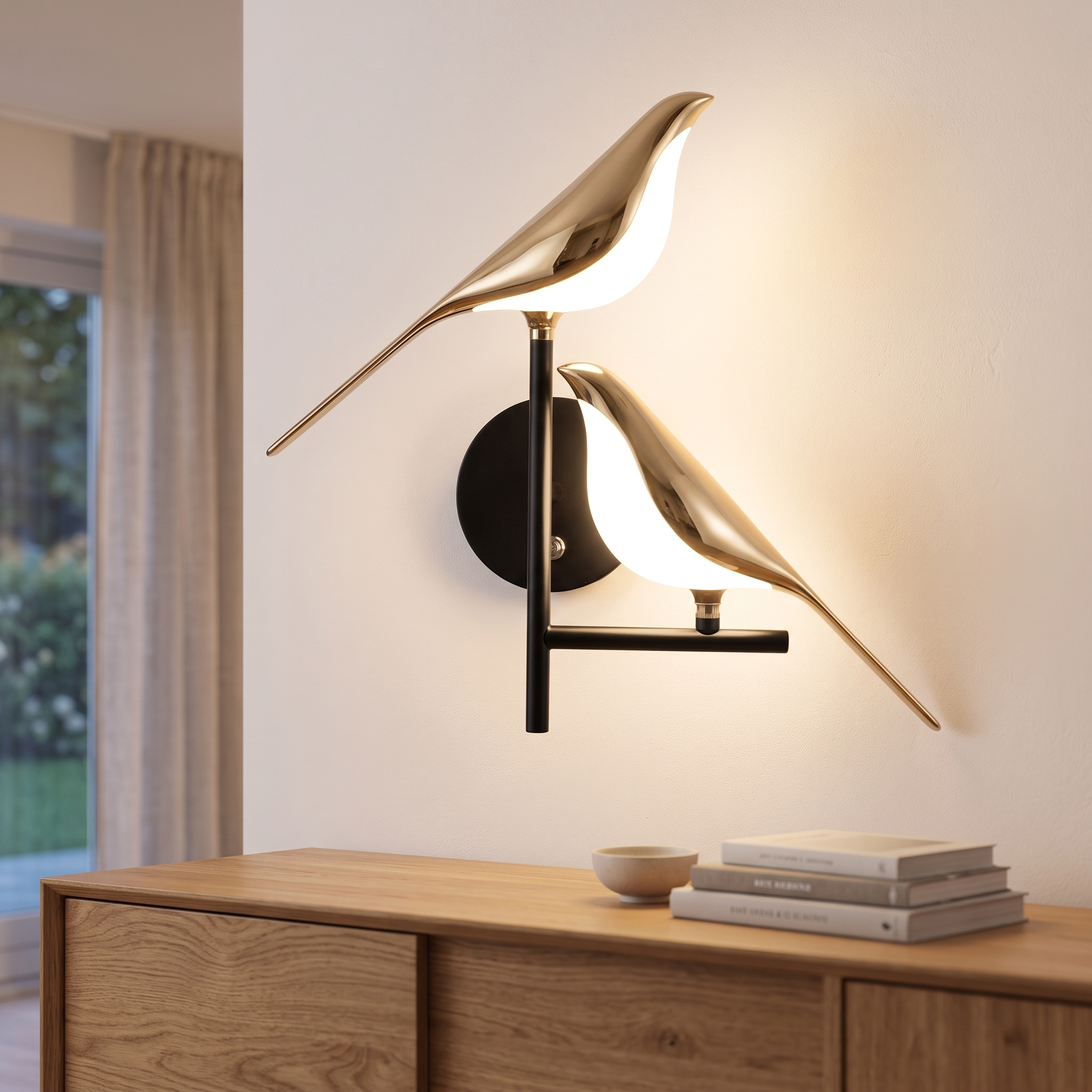 Golden birdlight wall lamp in a living room above an oak sideboard