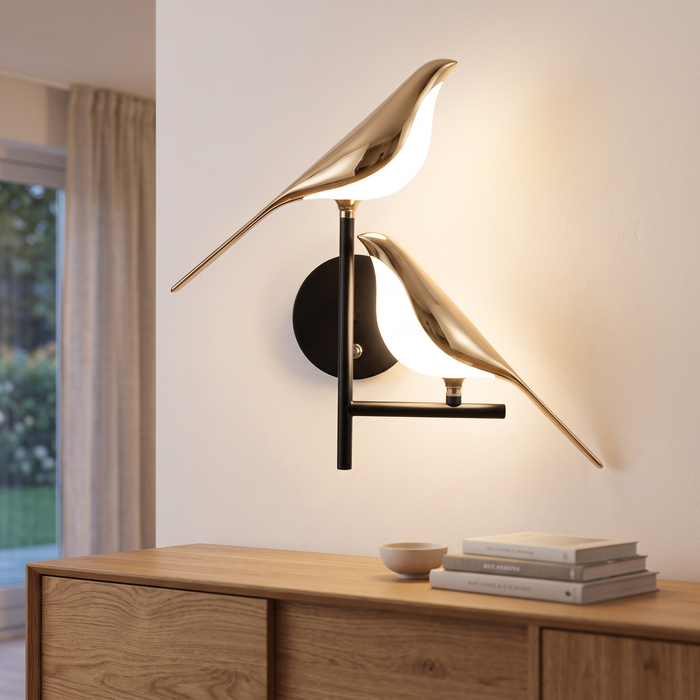 Golden birdlight wall lamp in a living room above an oak sideboard