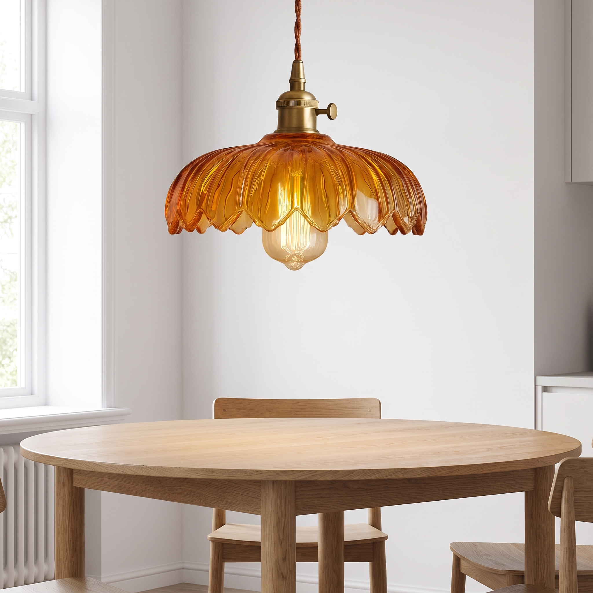 Vintage flower pendant lamp above a dining table