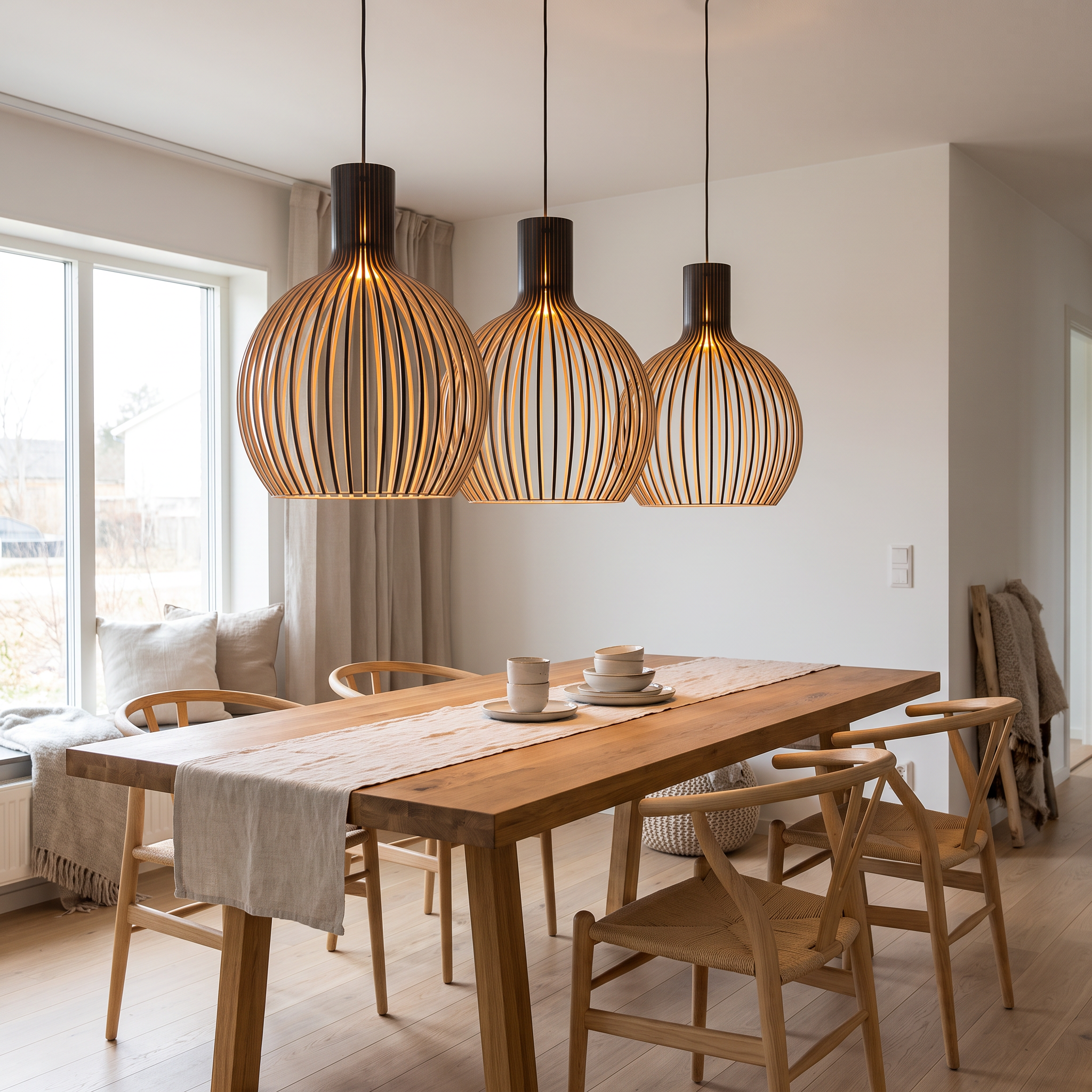 Handcrafted wooden pendant light above a timber dining table
