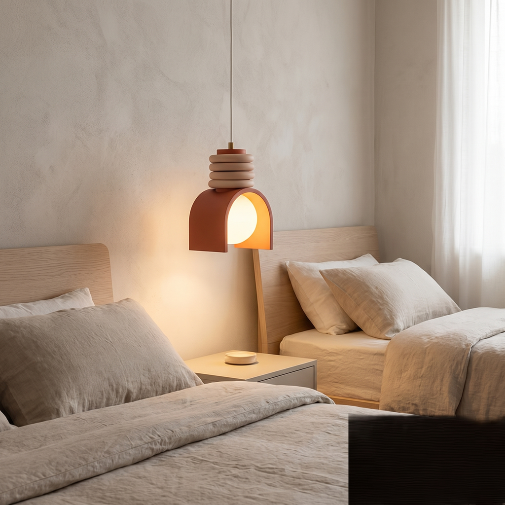 Wabi-sabi resin pendant light beside a bed