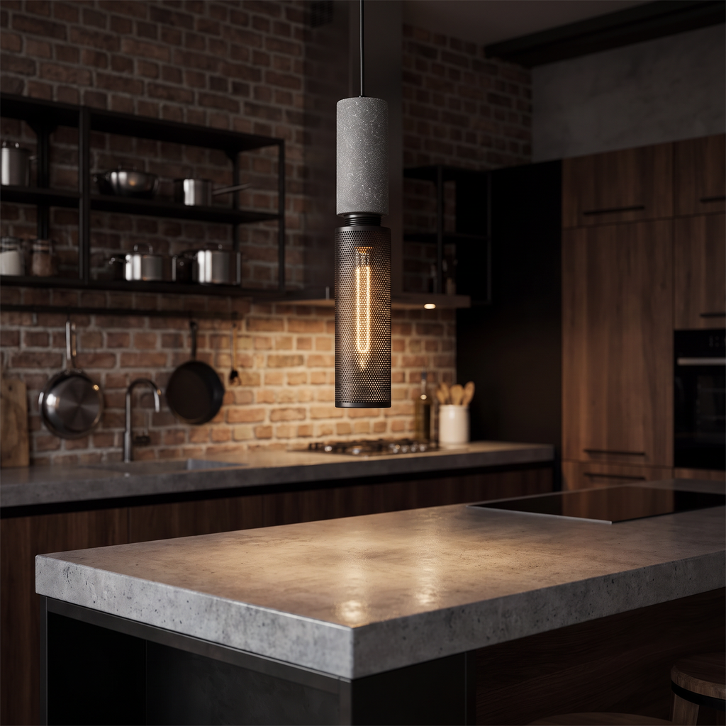 Concrete pendant light above an industrial kitchen counter