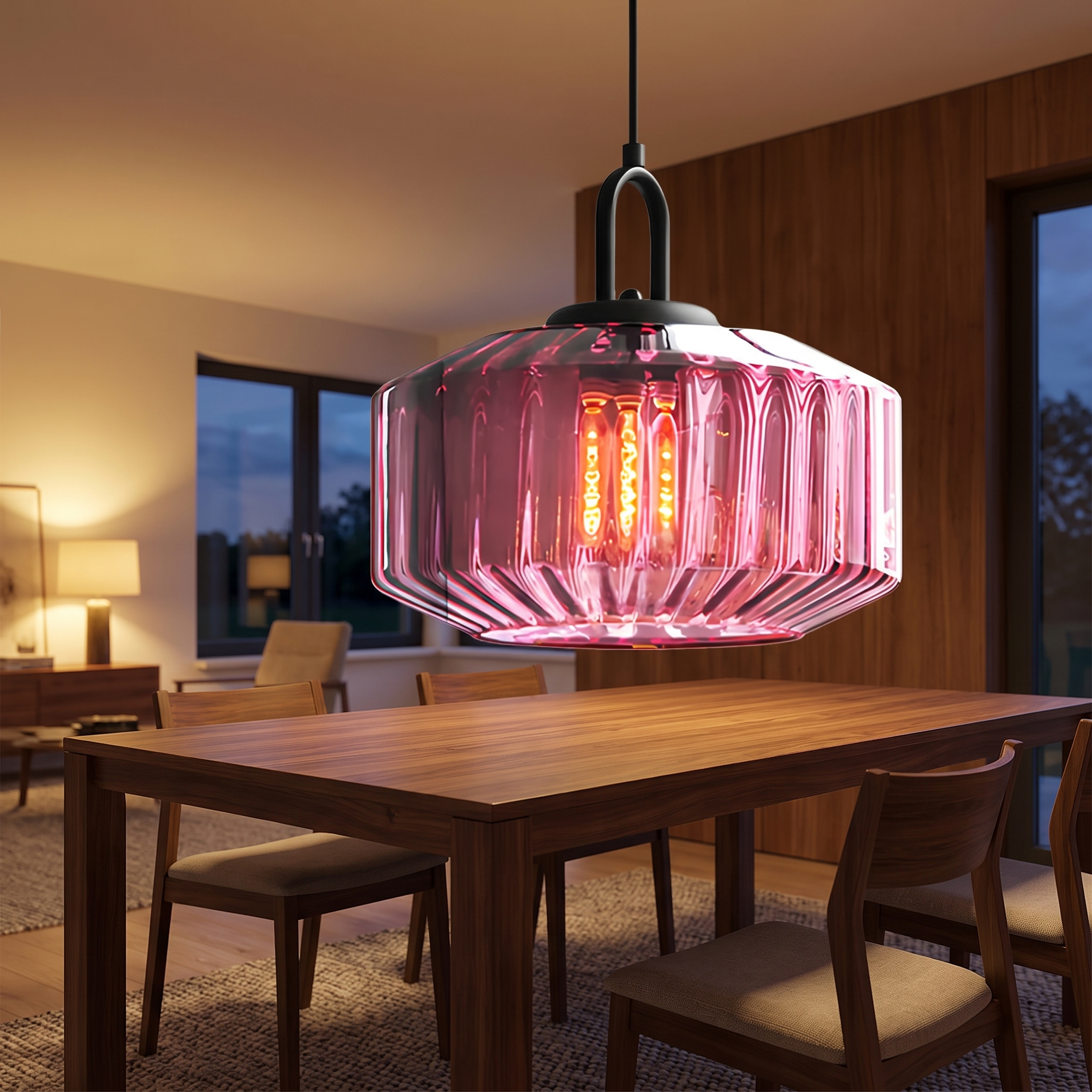 Coloured glass pendant light above a walnut dining table