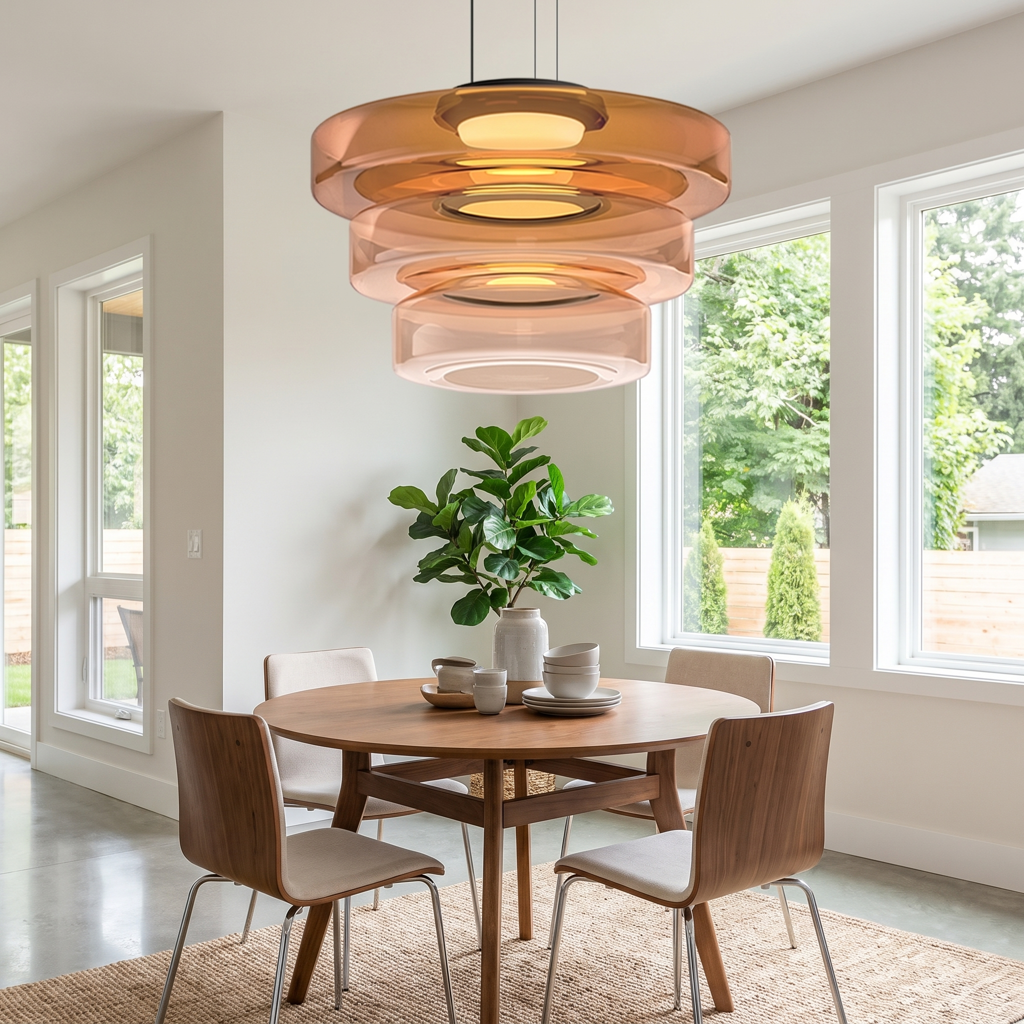 Bauhaus glass pendant lamp above a round dining table
