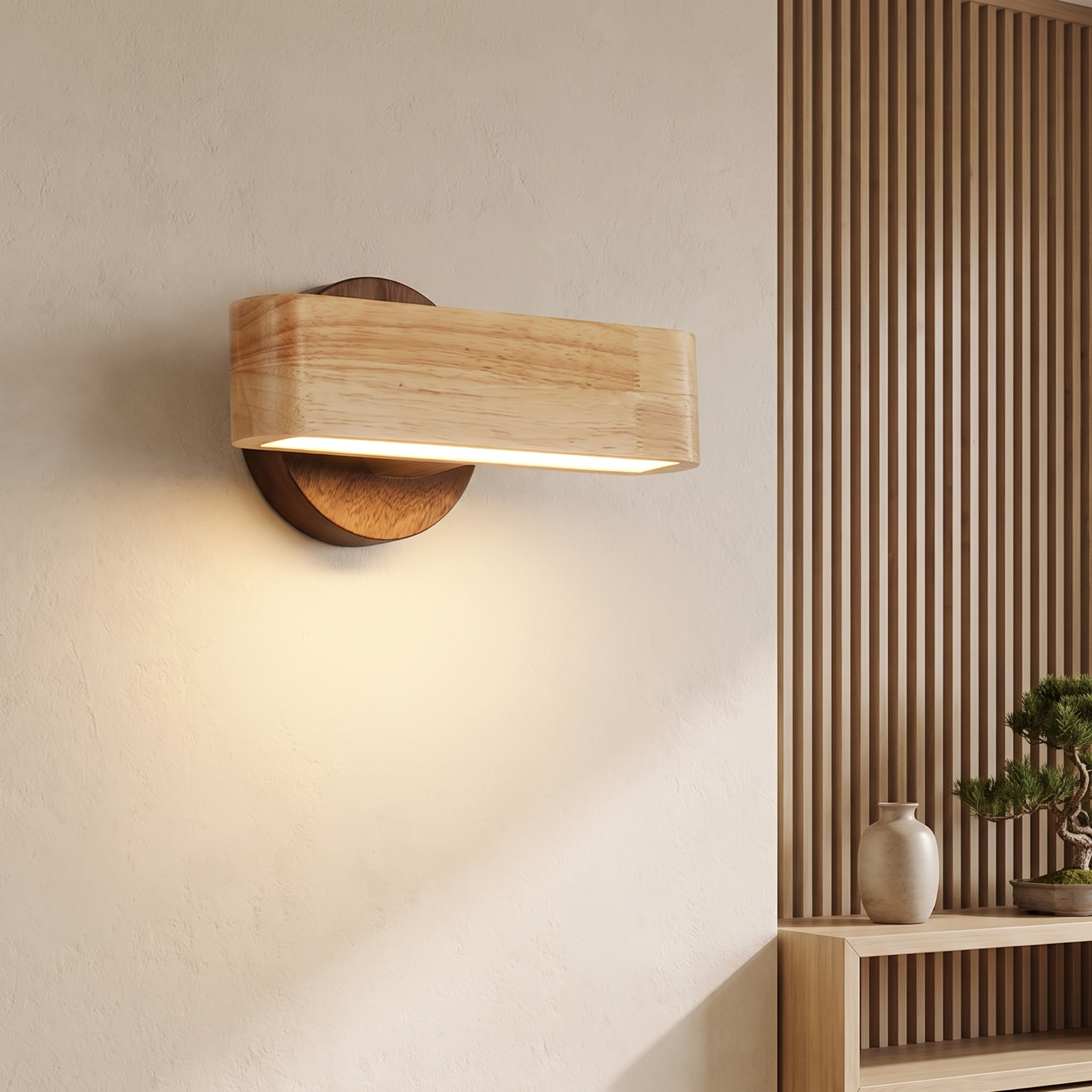 Rotating wood and aluminium wall lamp in a Japanese-inspired interior