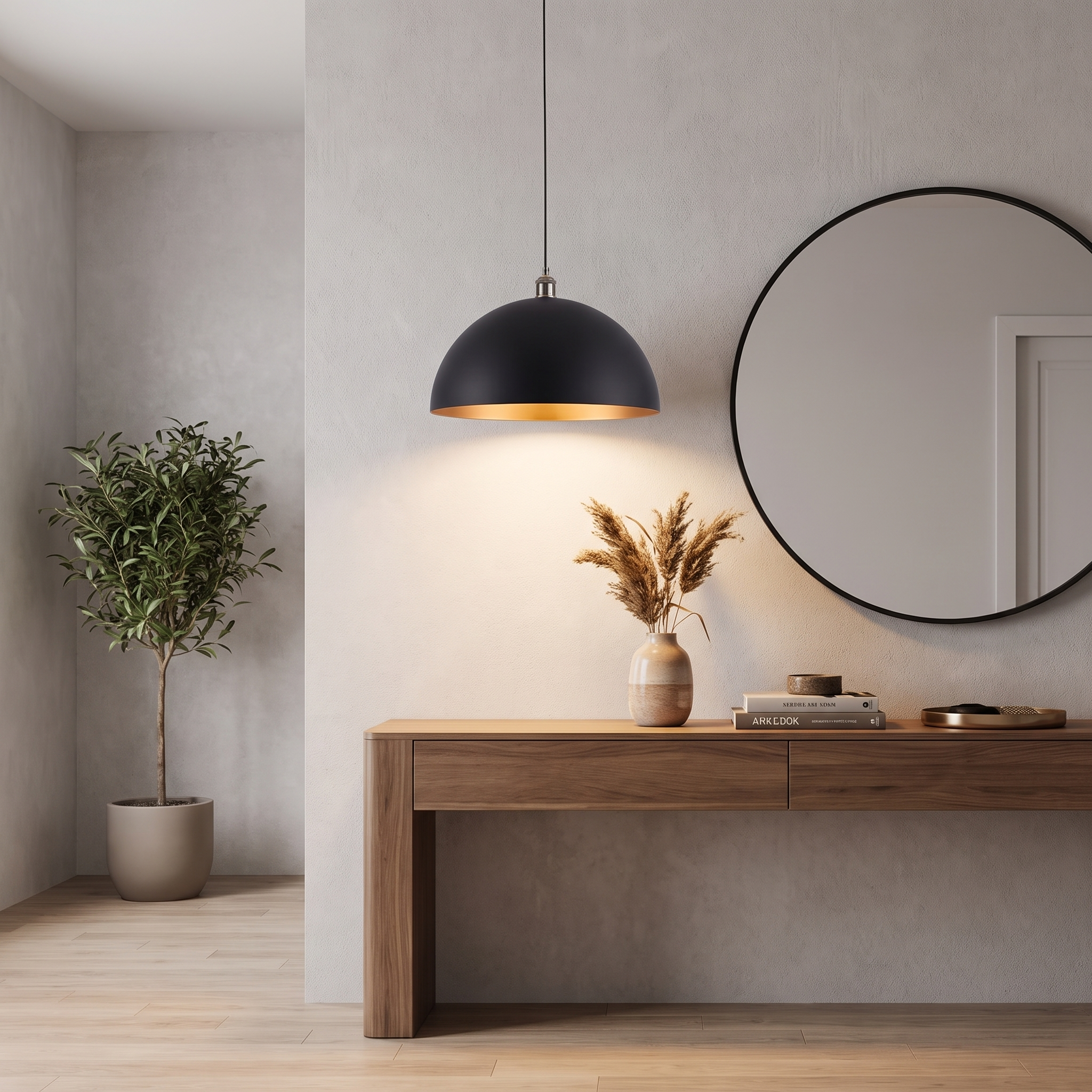 Industrial dome pendant light in a modern entryway