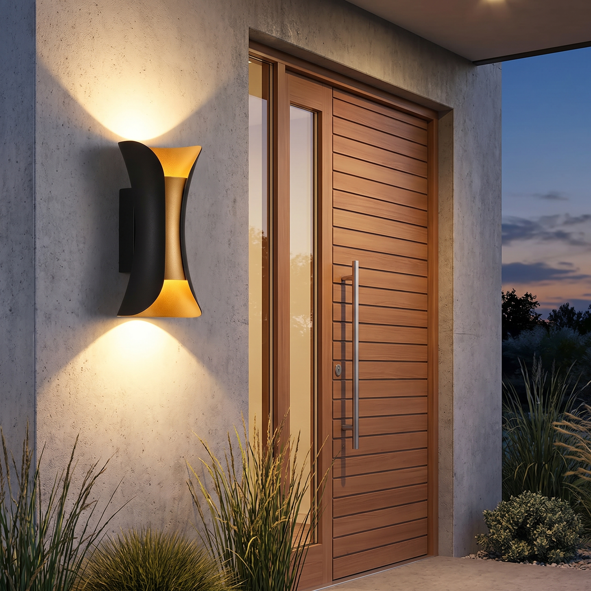 Black and gold up and down wall light beside a front door