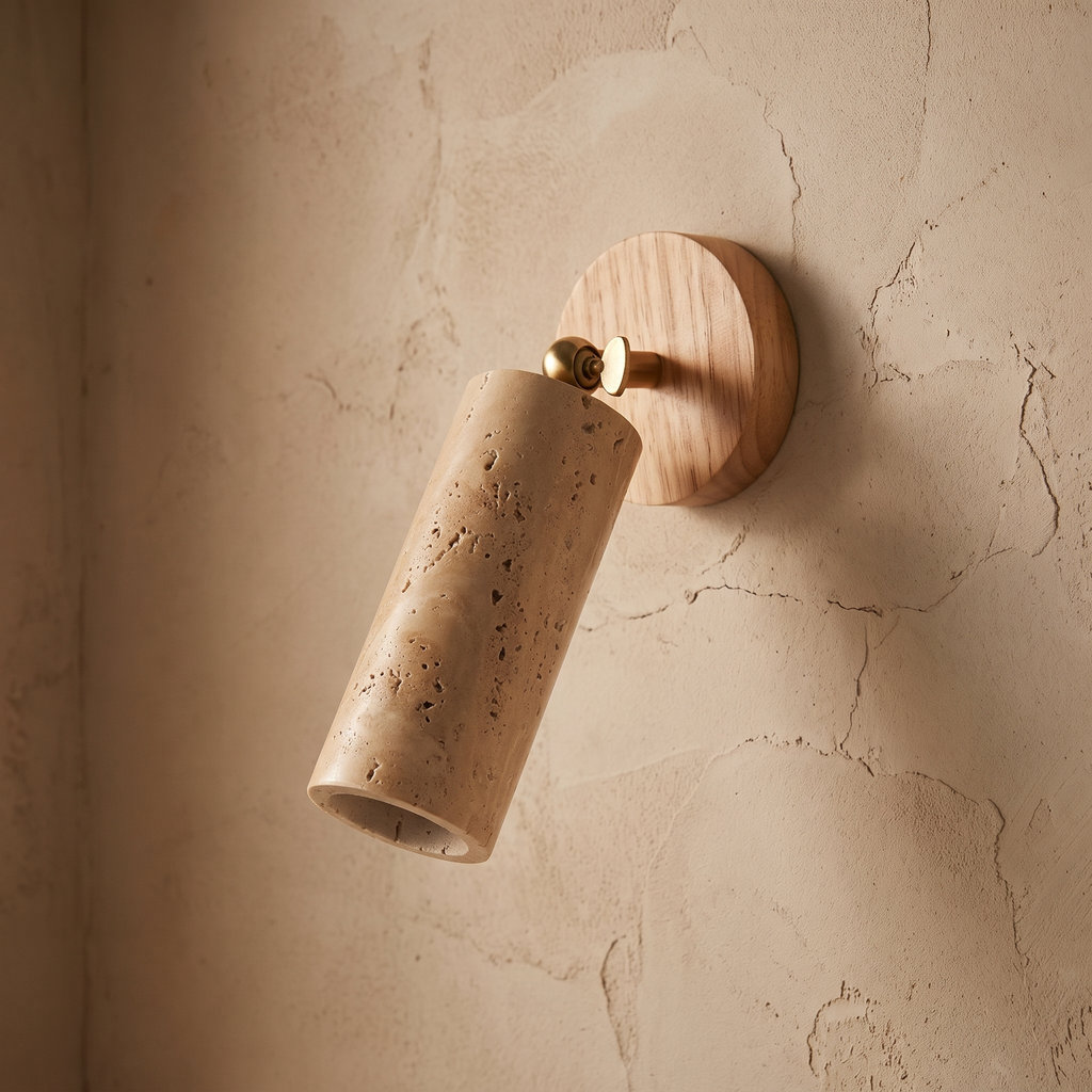 Travertine and wood wabi-sabi wall lamp on a textured plaster wall