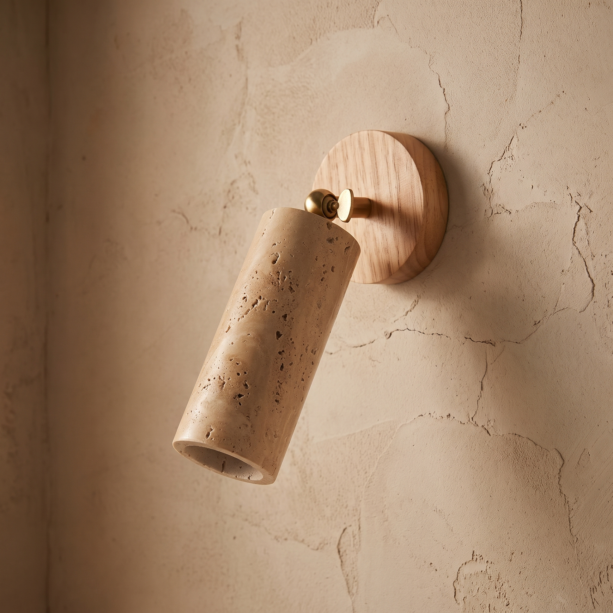 Travertine and wood wabi-sabi wall lamp on a textured plaster wall