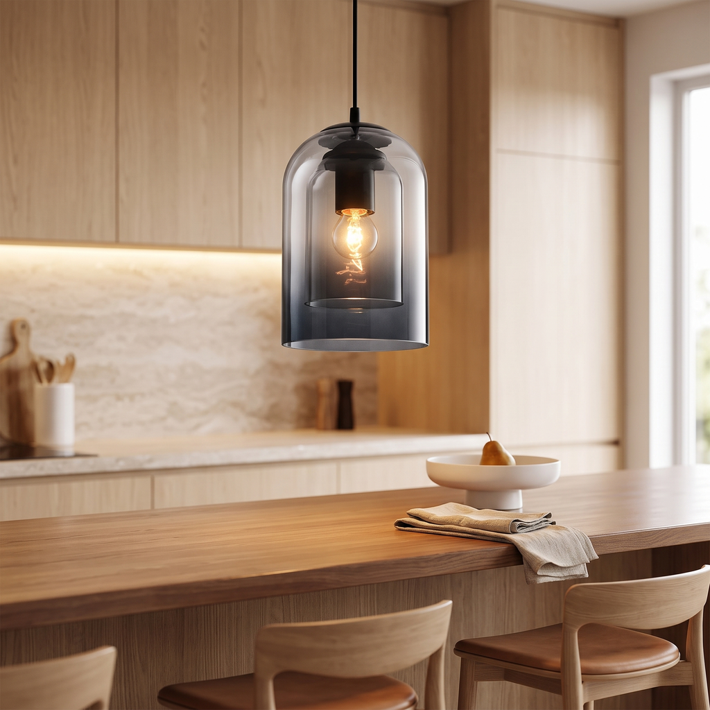 Double glass shade pendant lamp above a breakfast bar