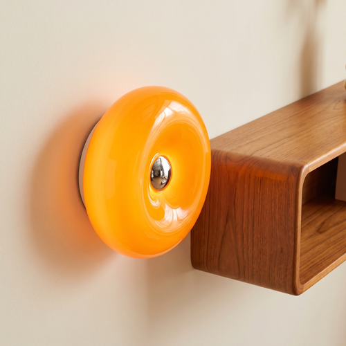 Bauhaus donut LED light on a mid-century interior wall