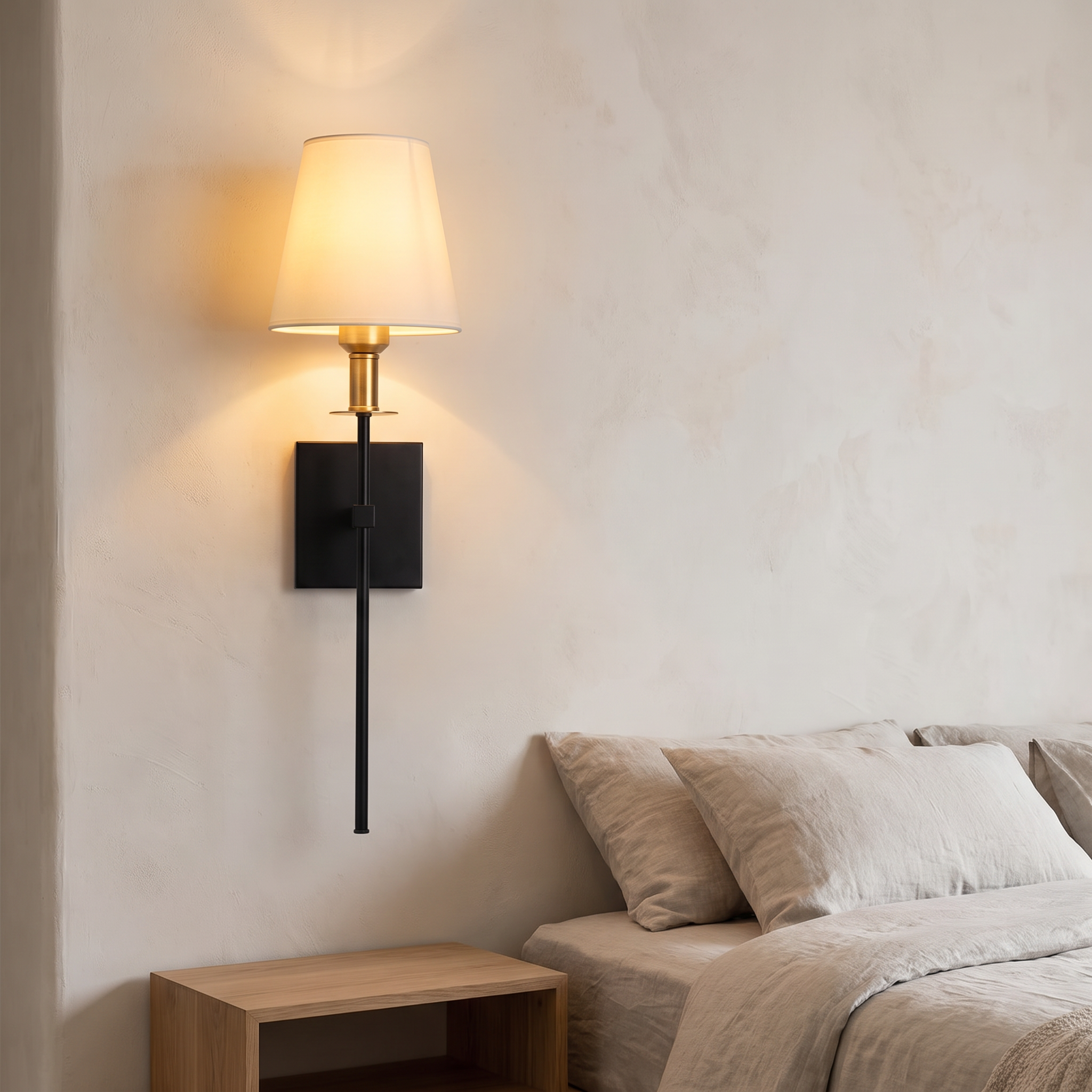 Rechargeable wireless wall light in a modern bedroom