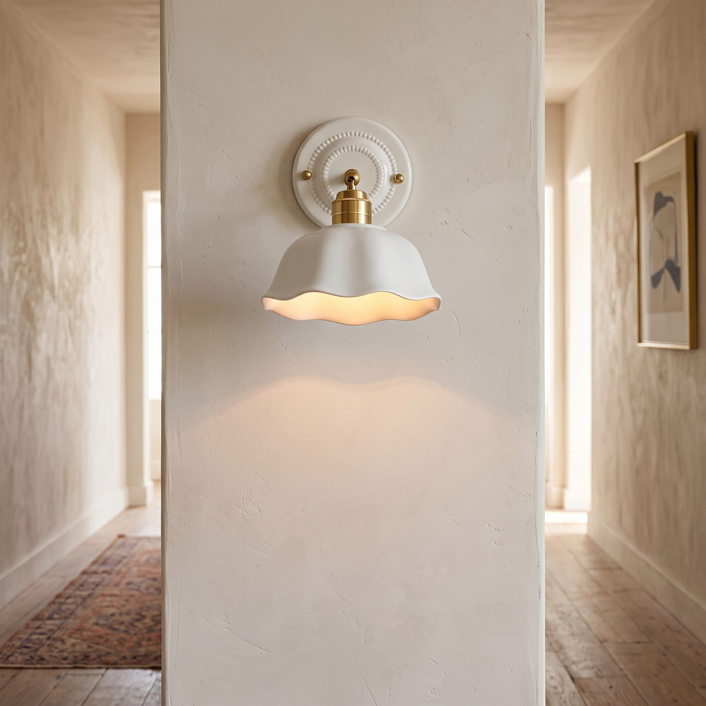 Cream ceramic wall lamp in a vintage-modern hallway