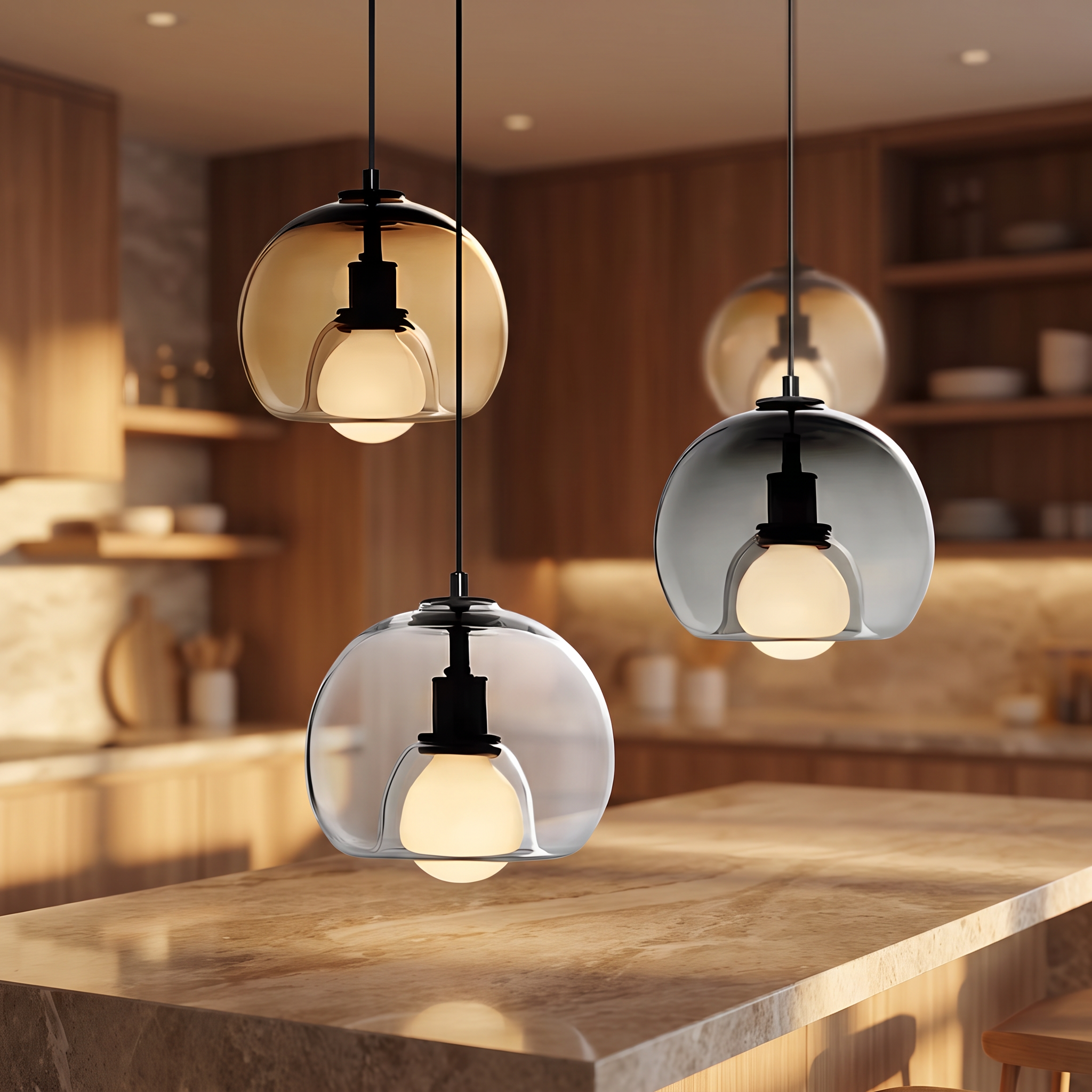 Handblown glass pendant light above a kitchen island