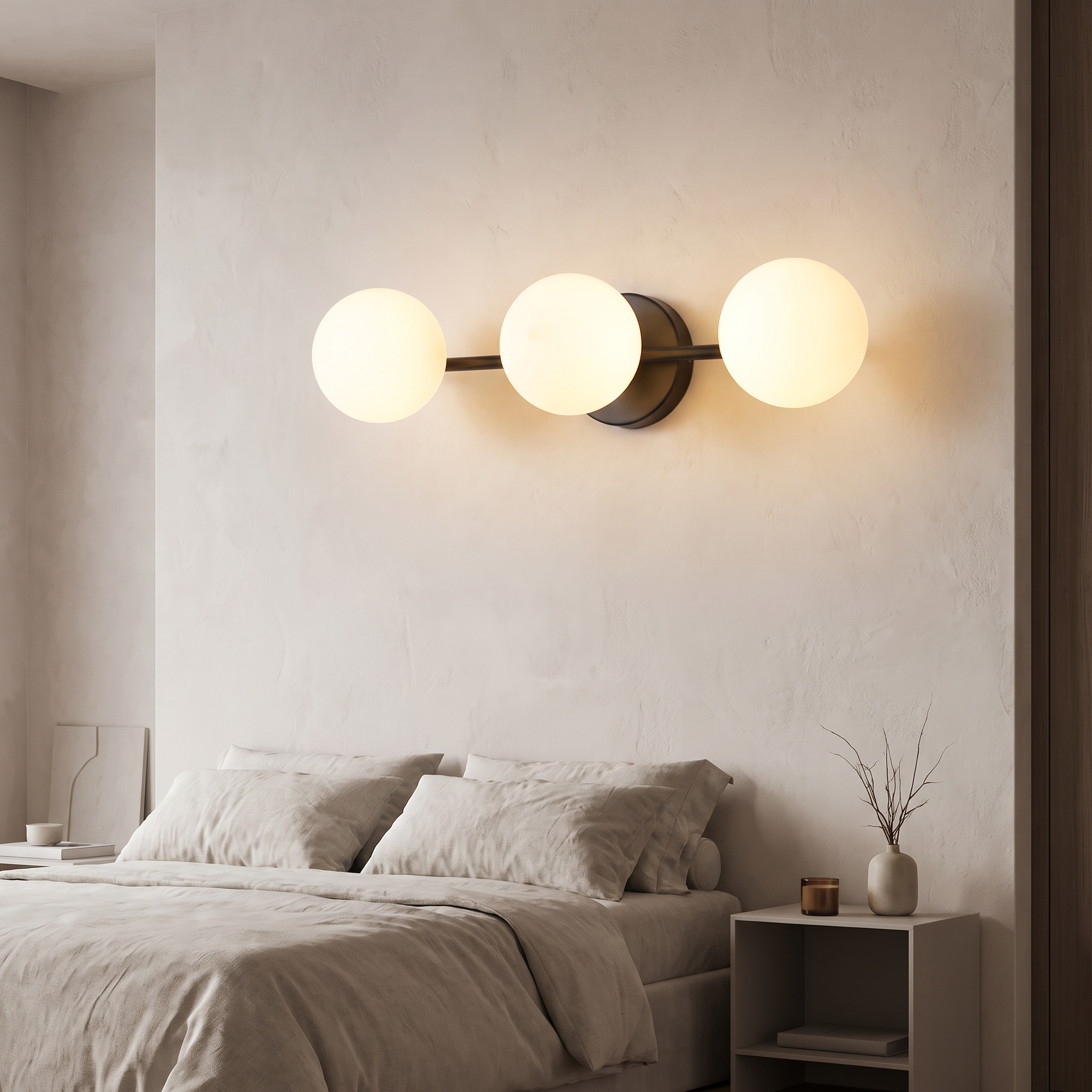 Triple globe LED wall light in a modern bedroom