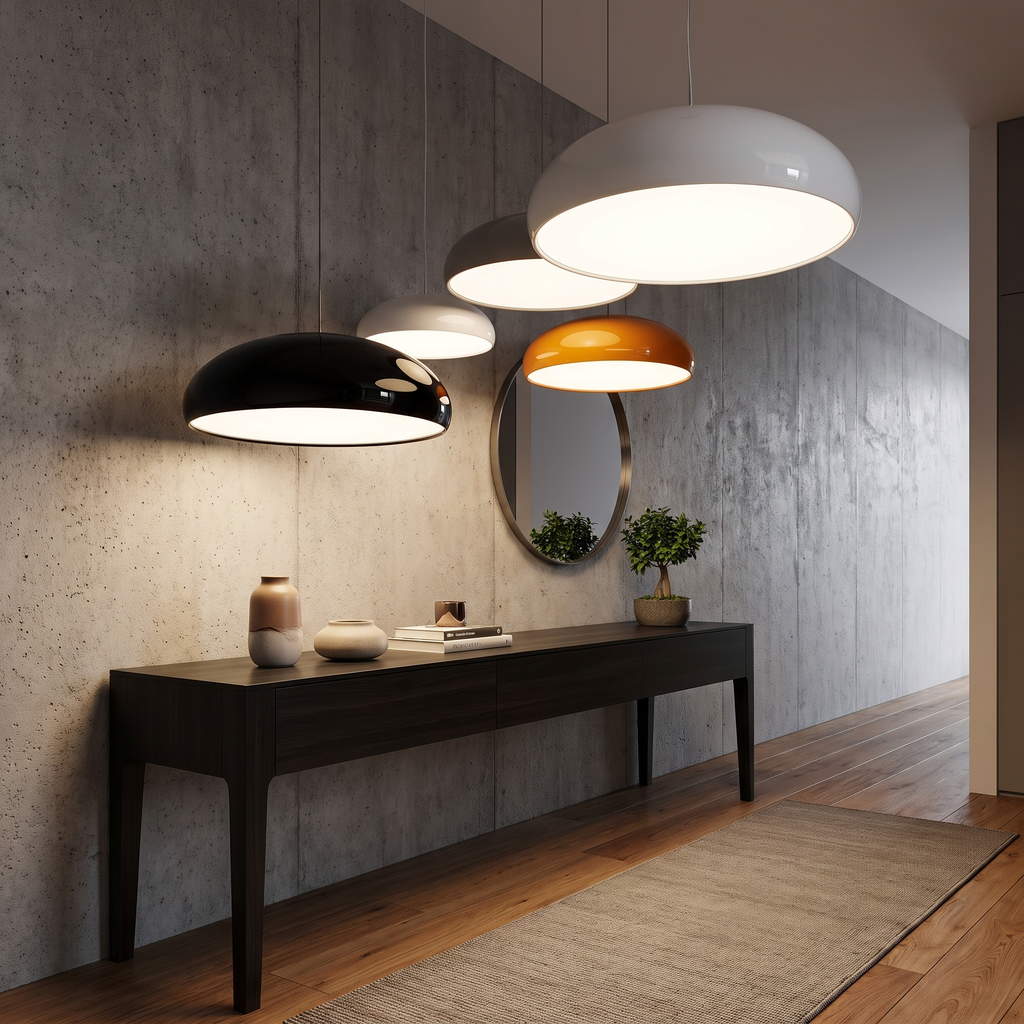 Artistic deco metal pendant light in a modern entryway