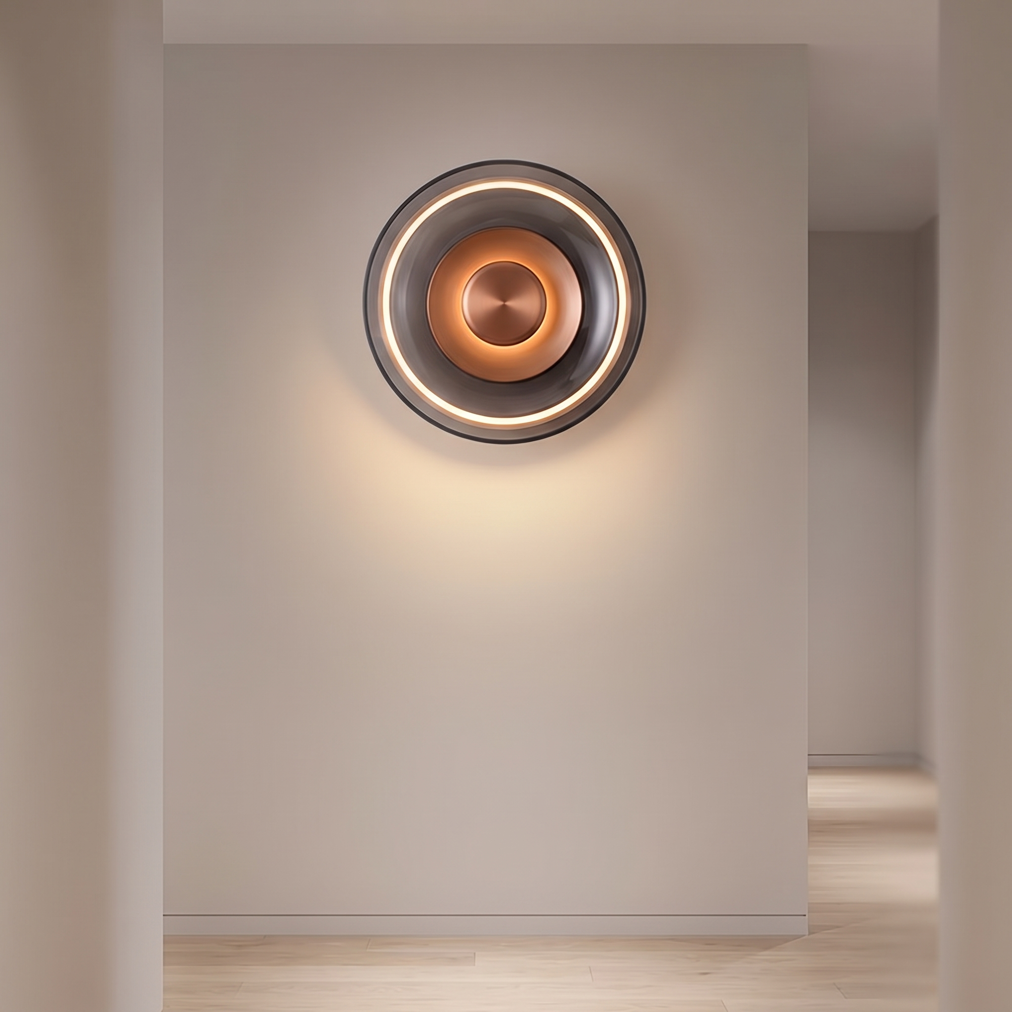 Round glass LED wall sconce in a modern hallway