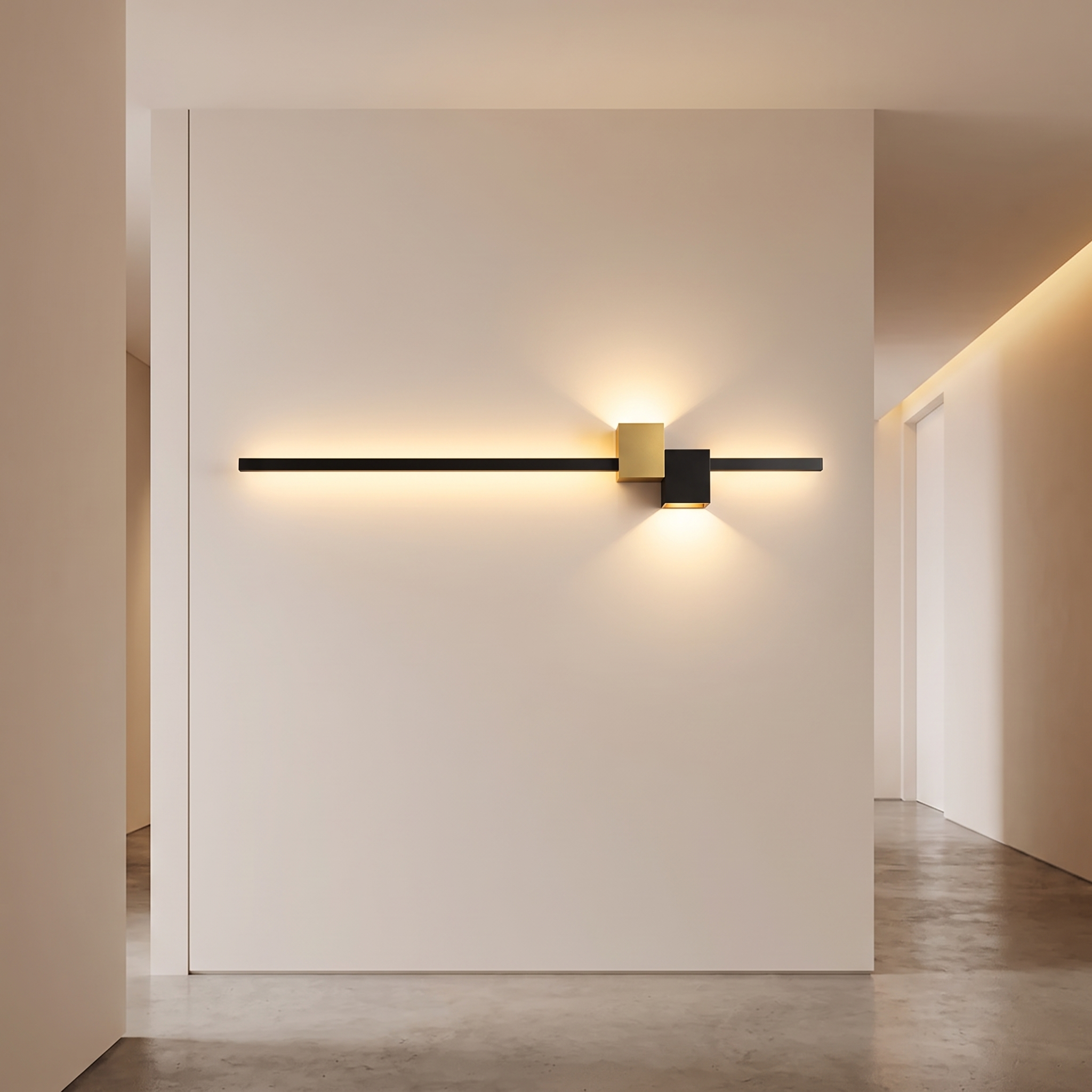 Minimalist LED wall light in a modern hallway