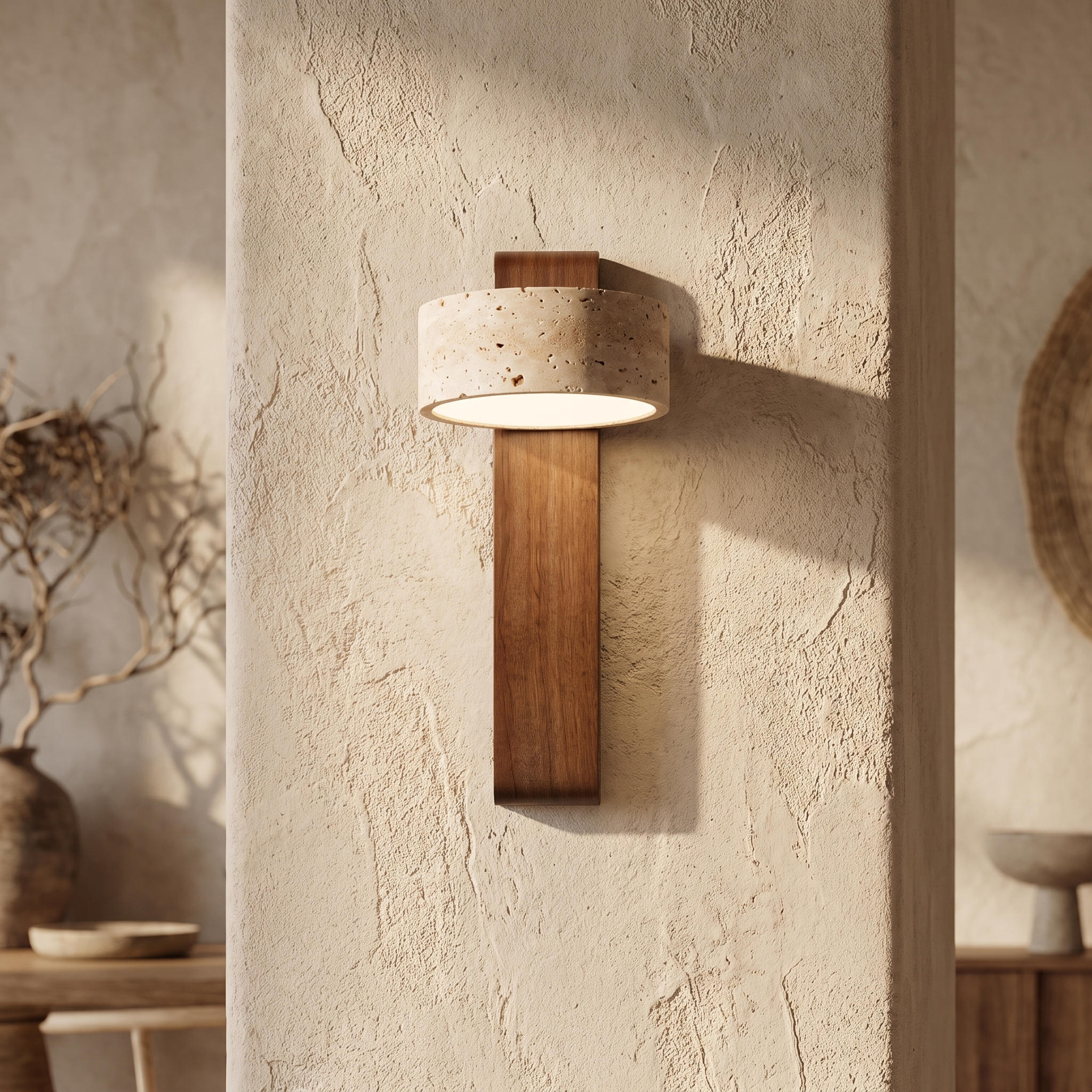 Travertine and wood wall lamp on a textured plaster wall