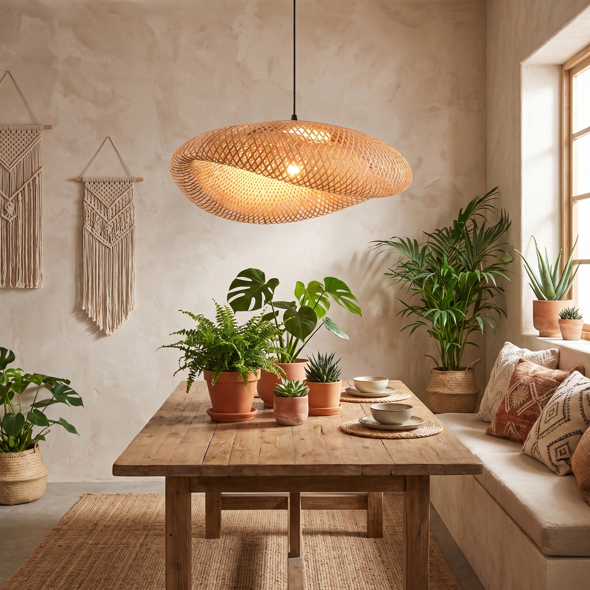 Handwoven bohemian rattan pendant lampshade above a dining table