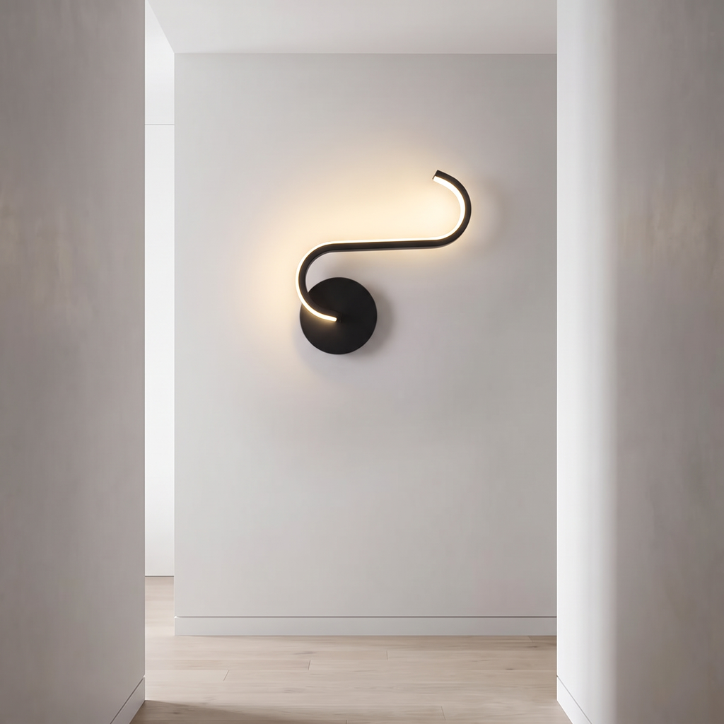 Curved arc LED wall light in a minimalist hallway