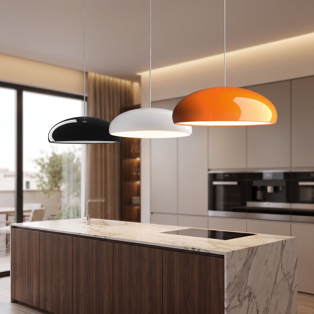 Italian aluminium pendant light above a kitchen island