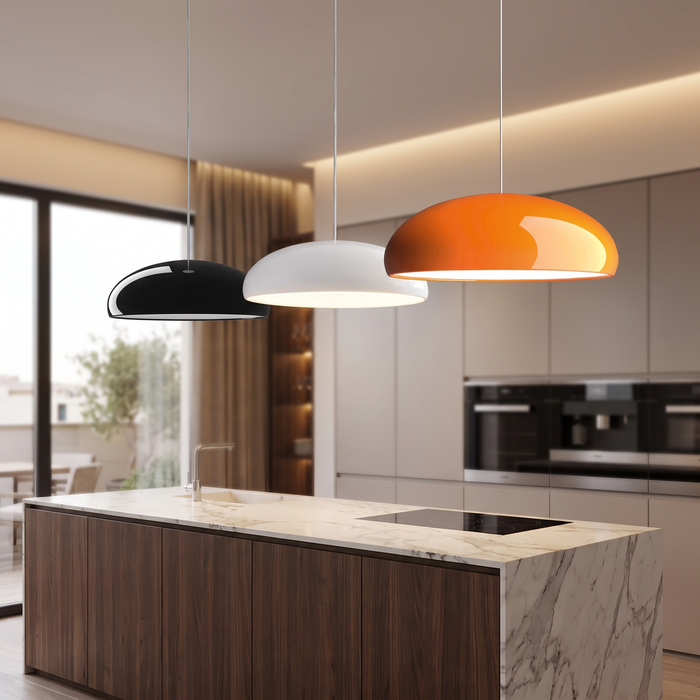 Italian aluminium pendant light above a kitchen island