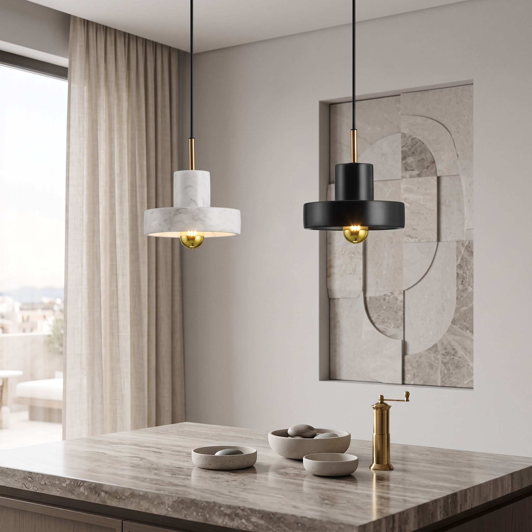 Natural marble pendant lamp above a stone counter