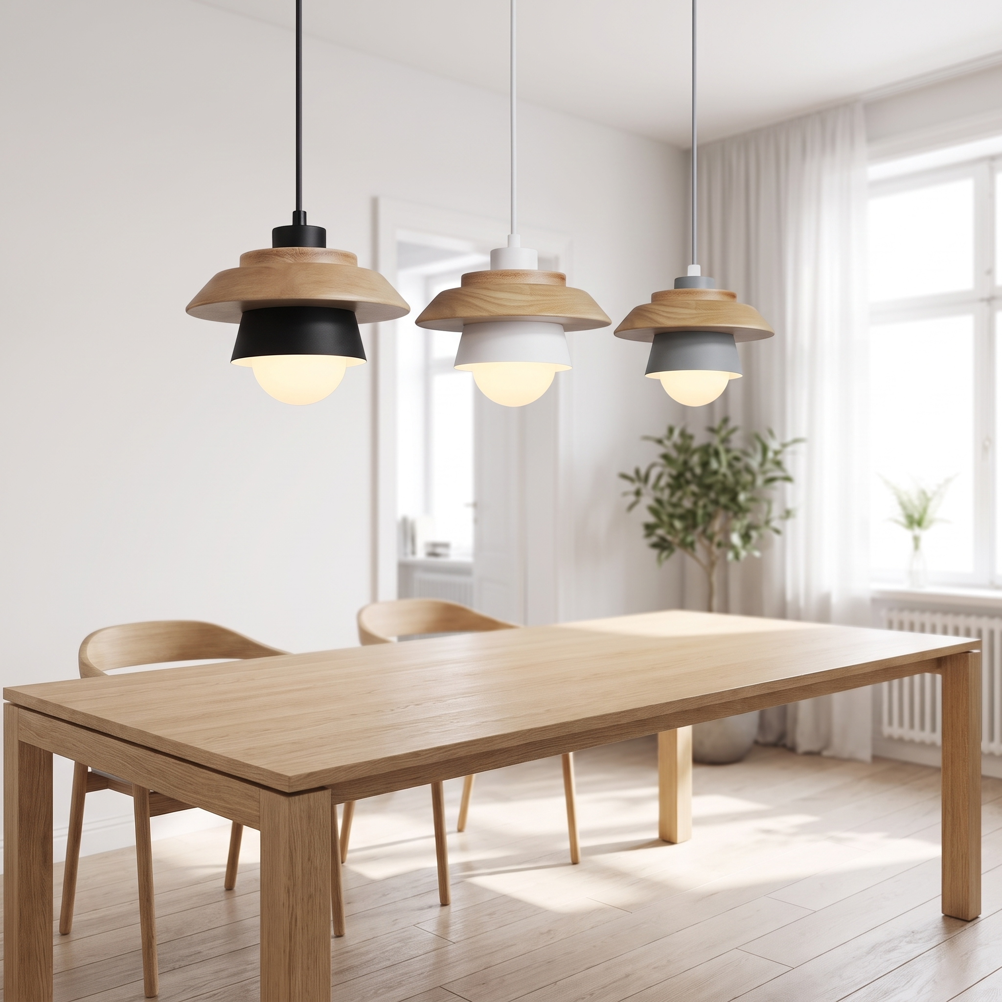 Nordic wood macaron pendant light above a timber dining table