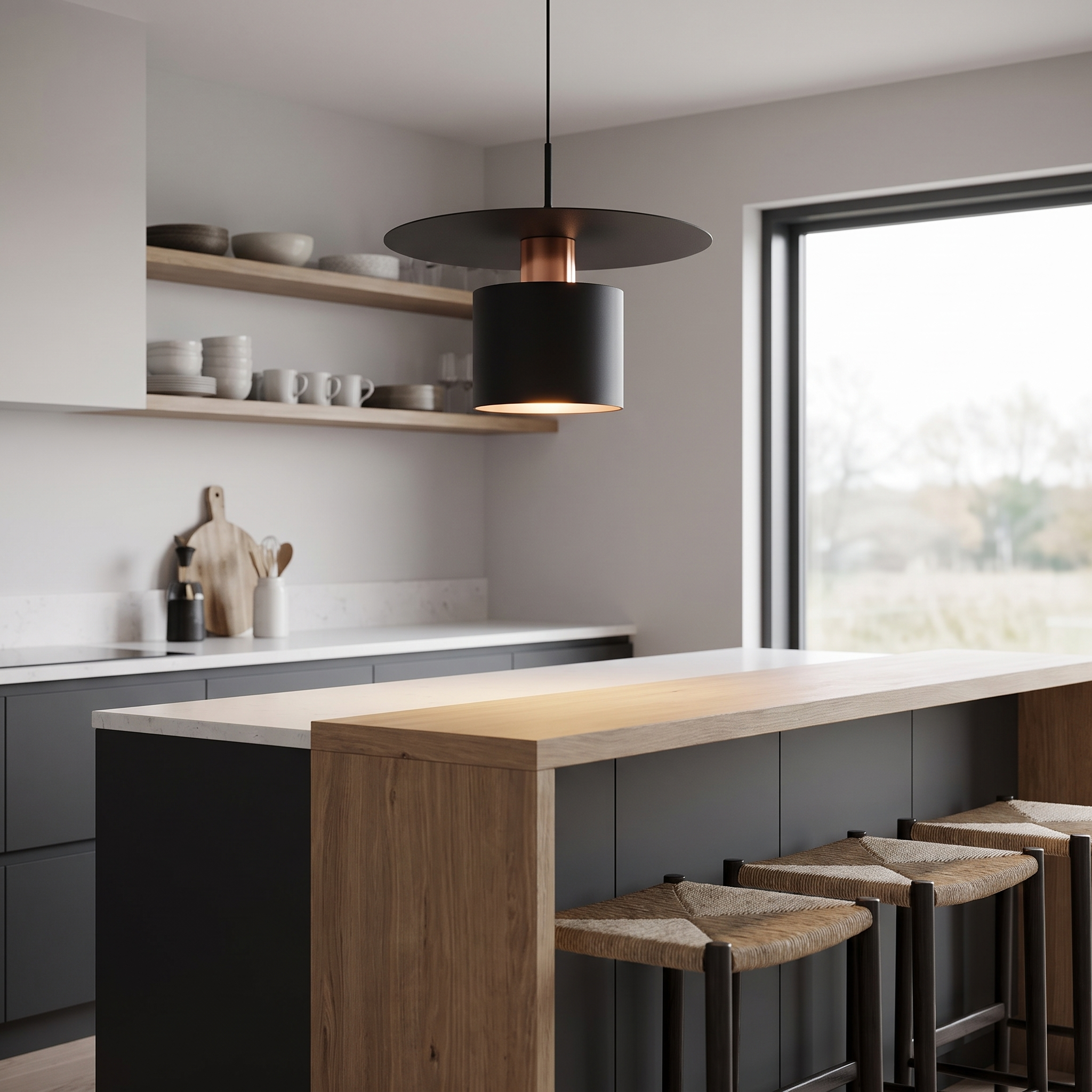 Minimalist pendant light above a kitchen breakfast bar