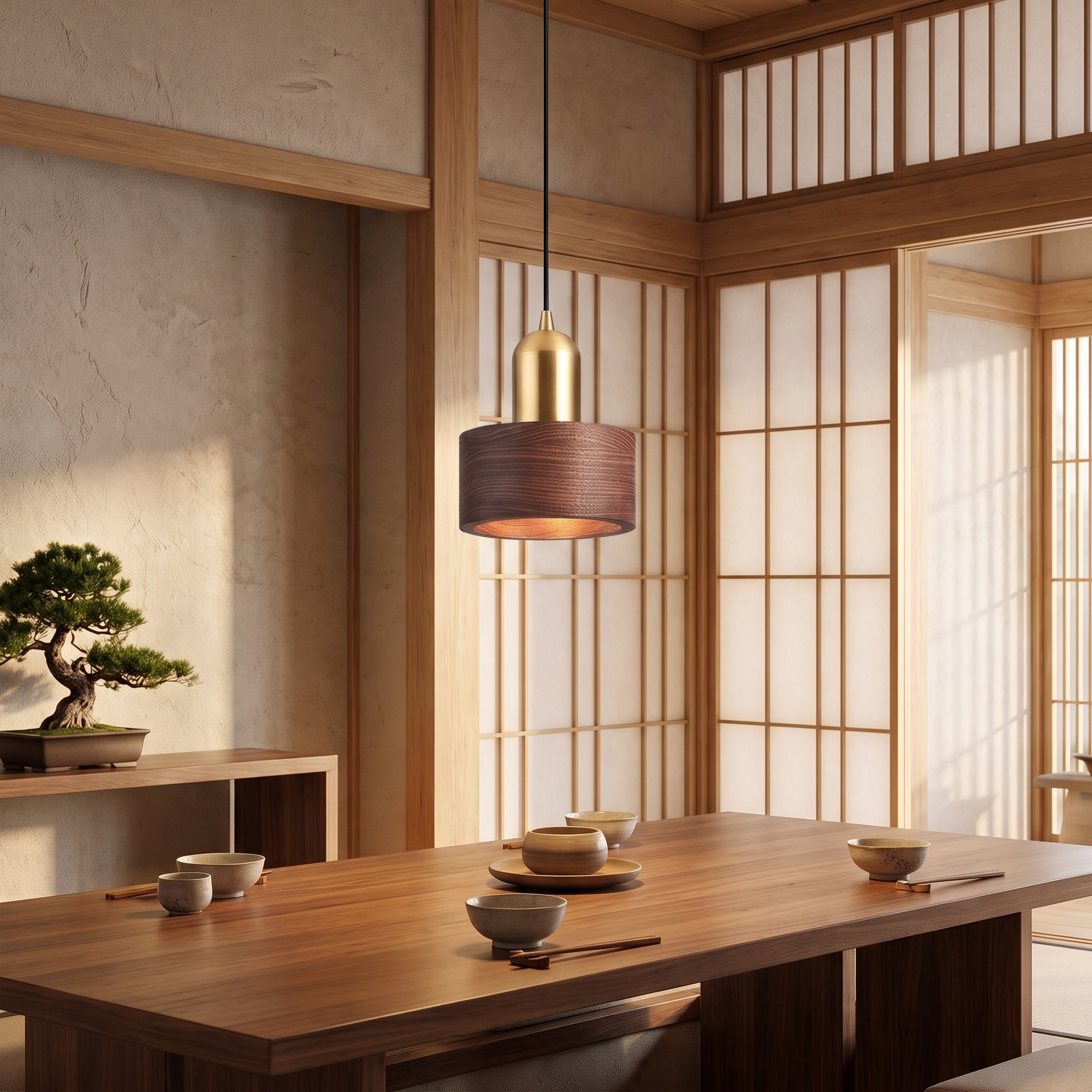 Walnut and brass cylinder pendant lamp above a dining table