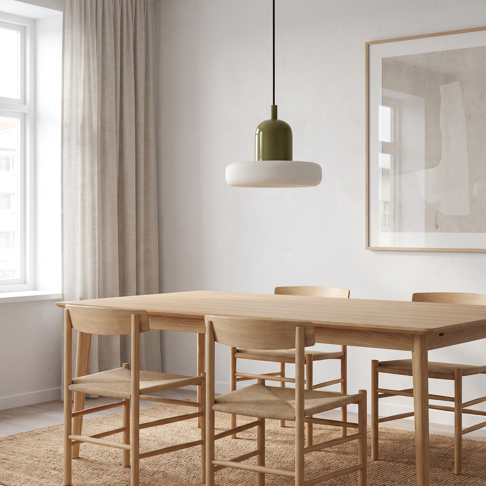 Minimal Scandinavian pendant light above an oak dining table