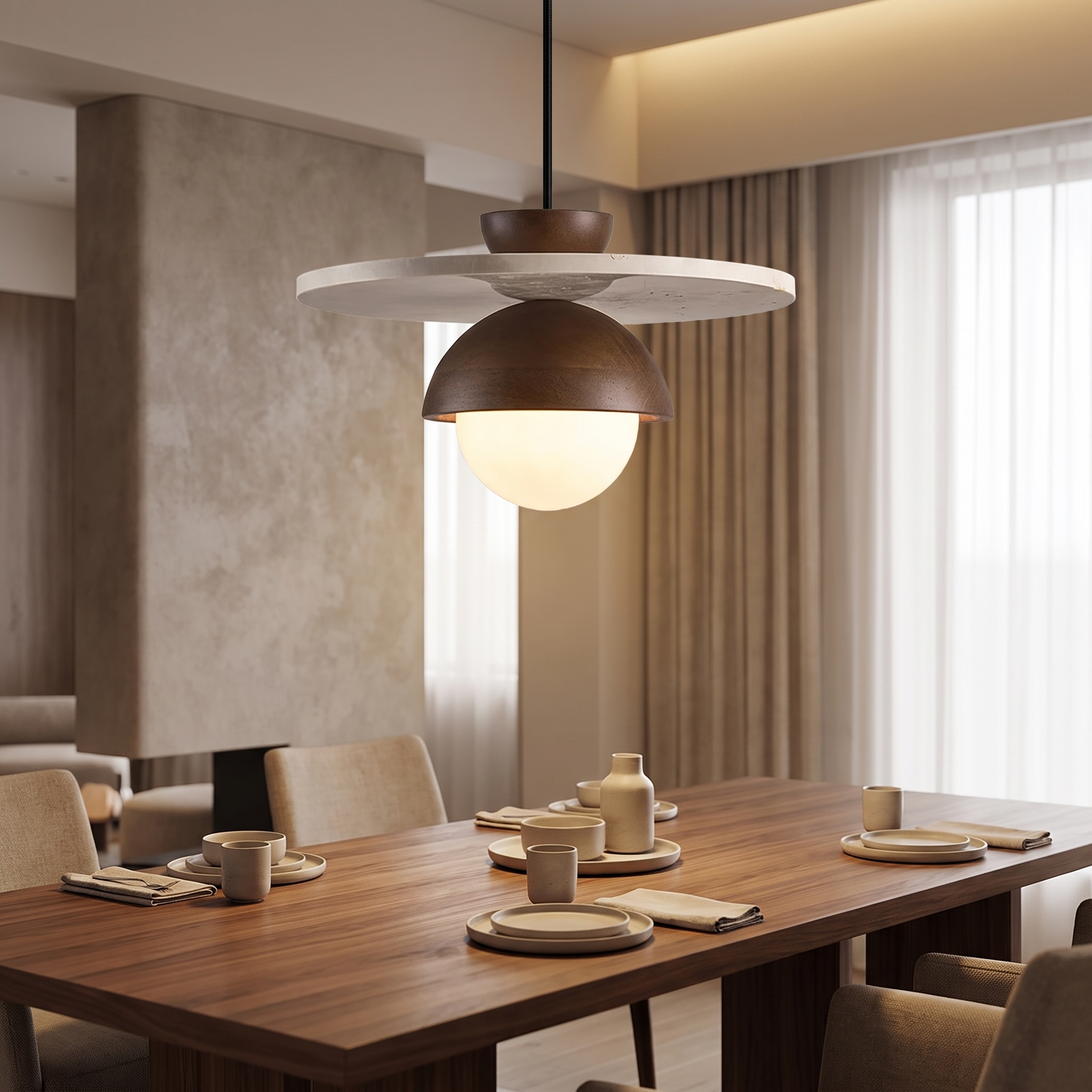 Walnut and stone LED pendant above a dining table
