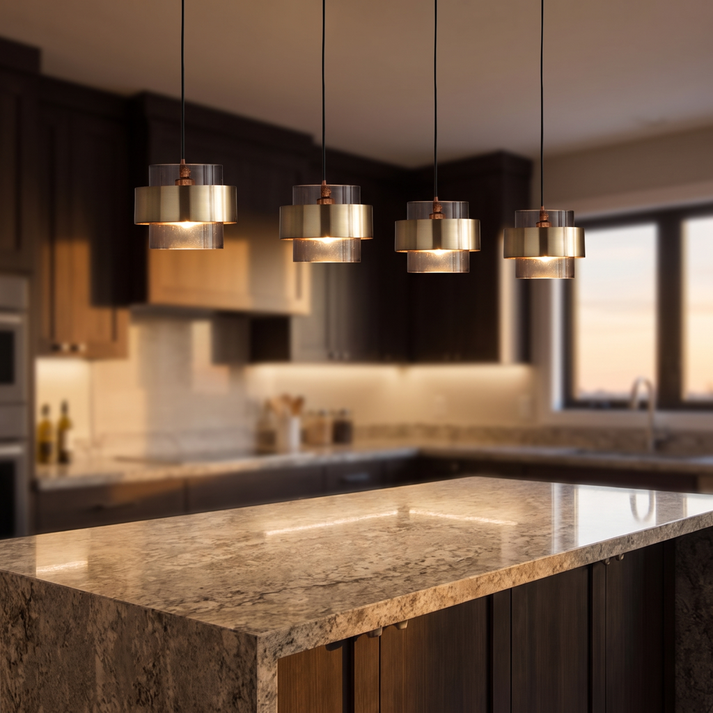 Nordic glass and brass cylinder pendant above a kitchen island