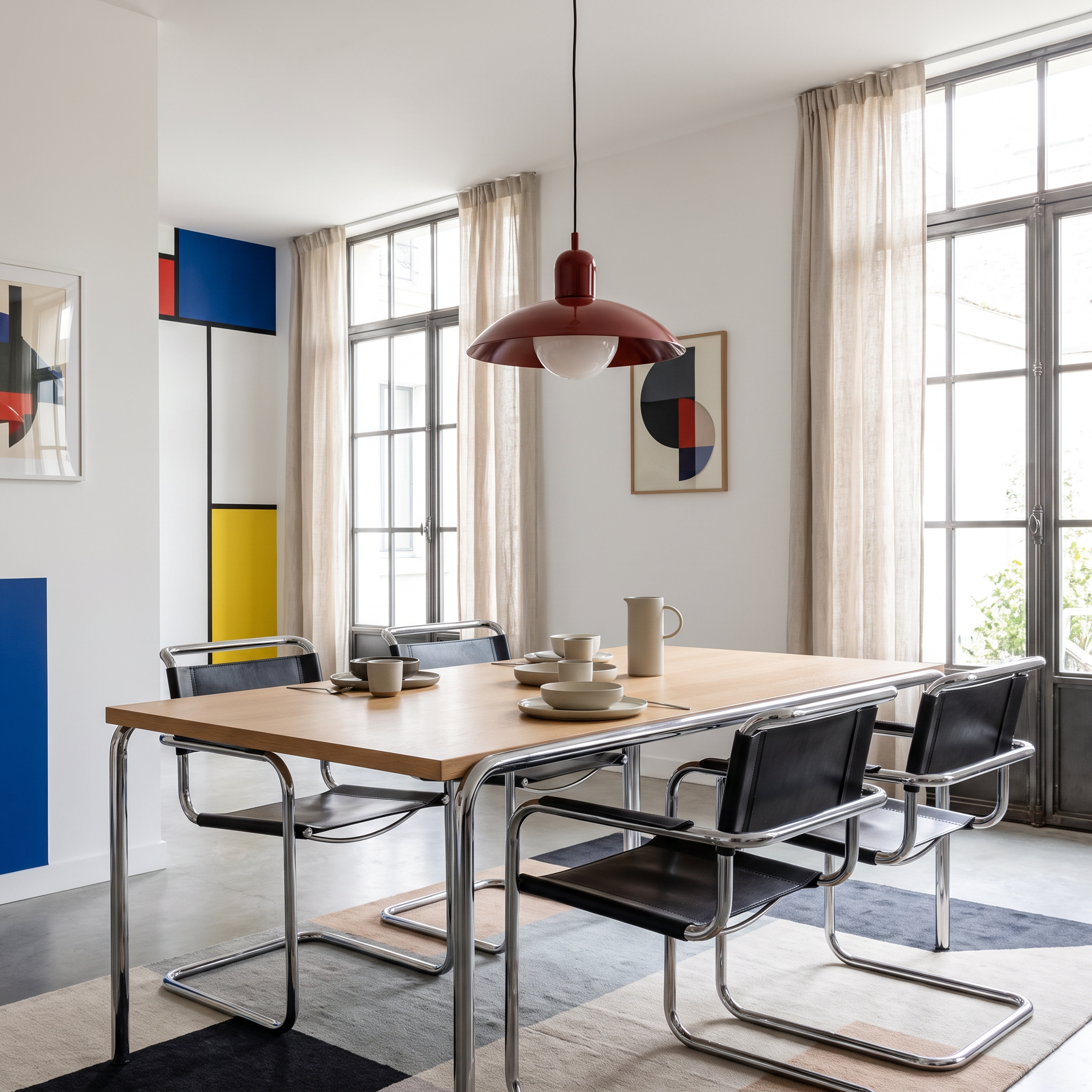 Colourful macaron Bauhaus pendant light above a dining table