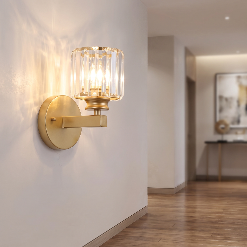 Crystal glass and iron wall sconce in an elegant hallway