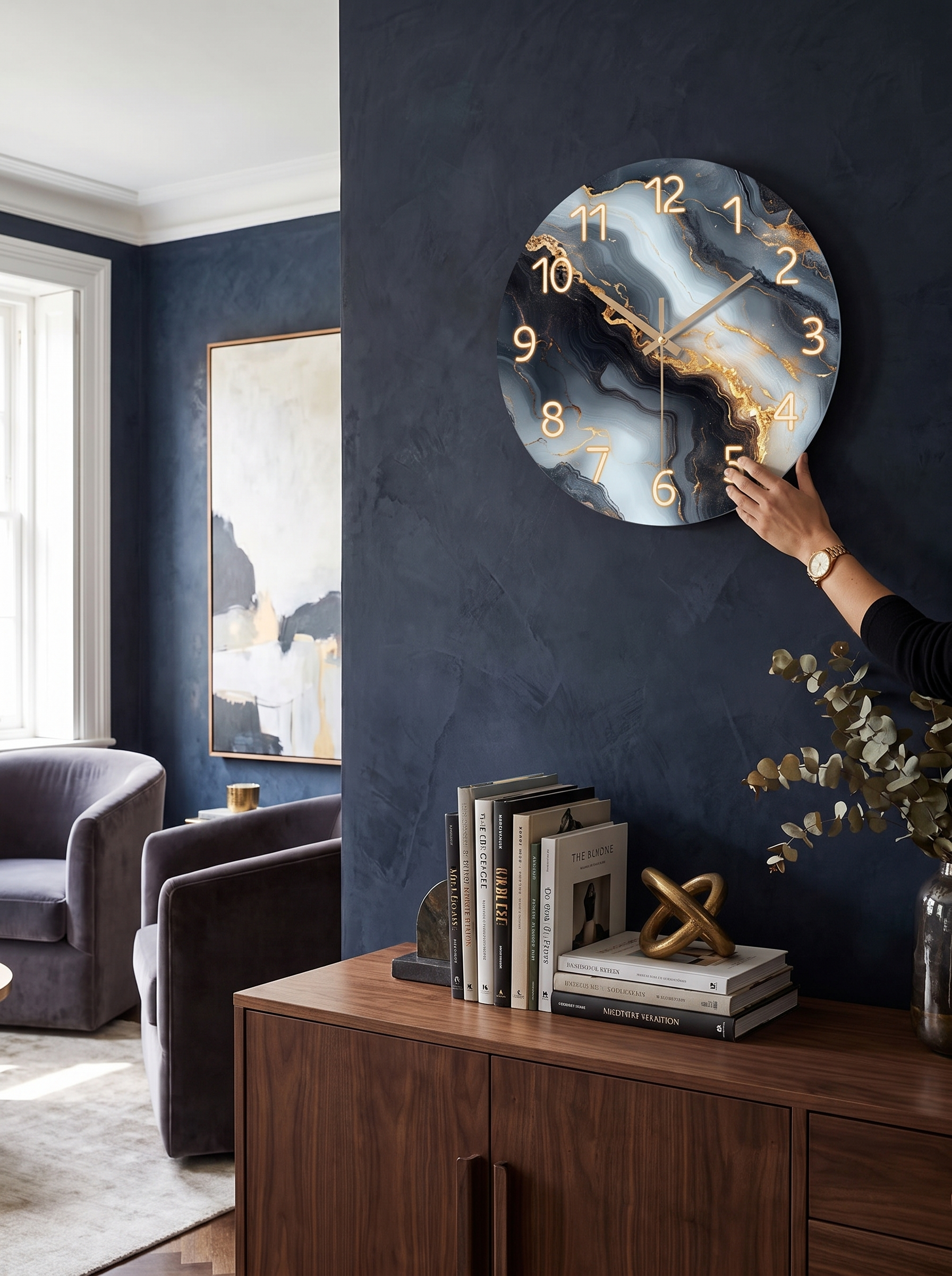 Blue and Gold Marble Wall Clock lifestyle image 2