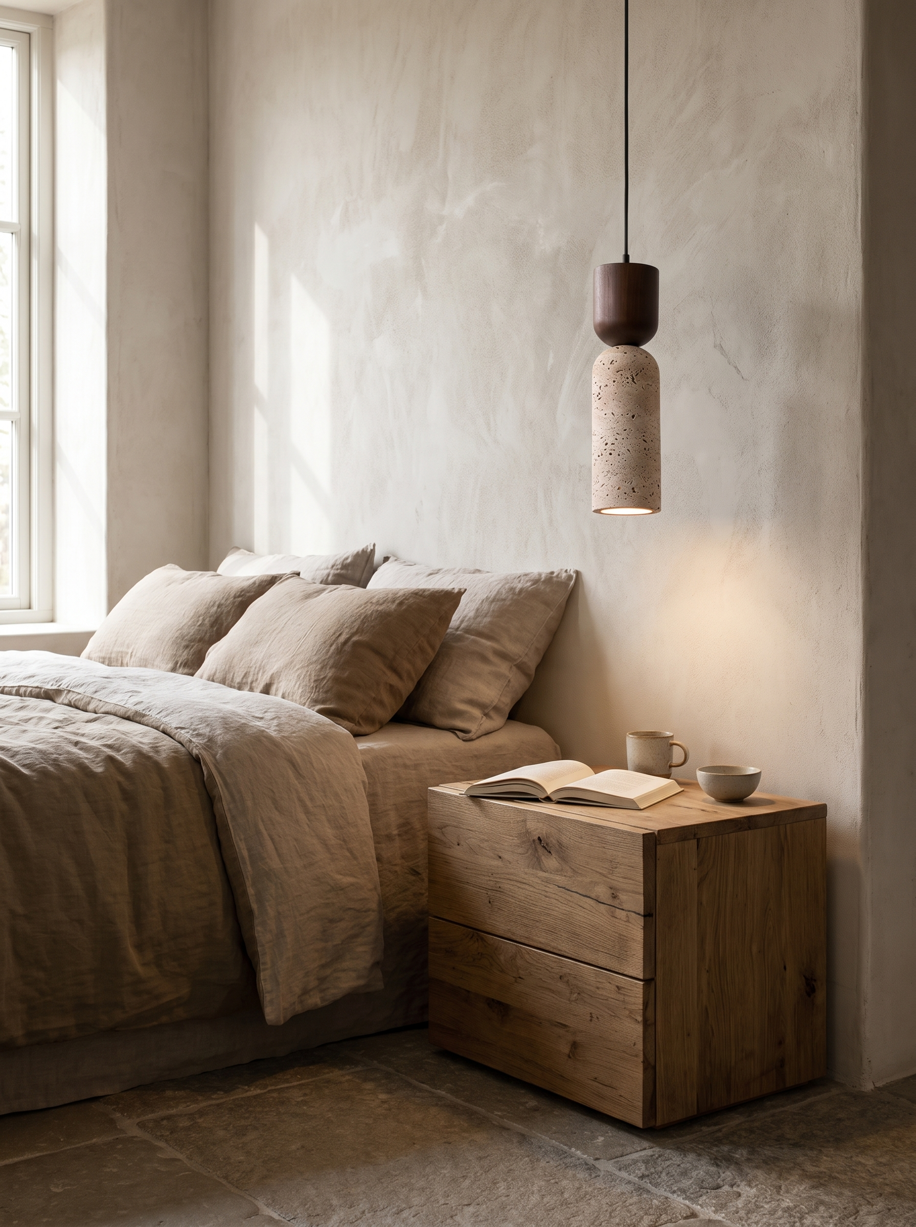 Wabi Sabi Travertine and Wood Pendant Light stone and wood detail