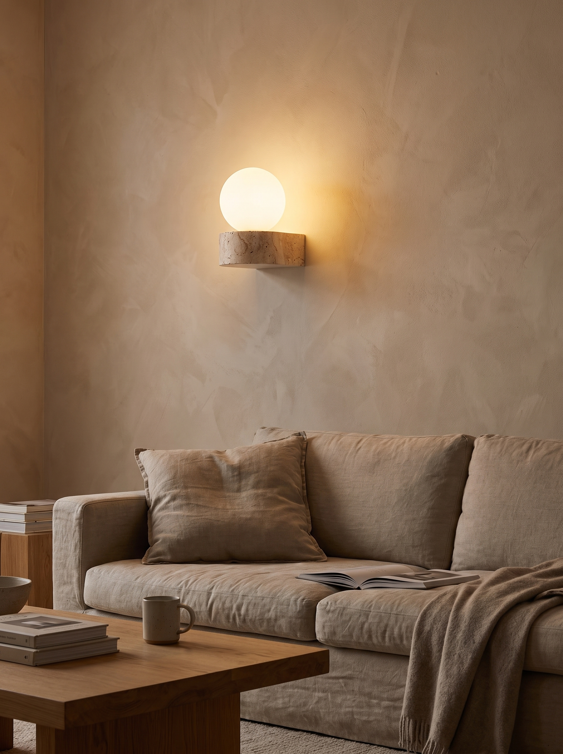 Travertine Stone Wall Lamp warm LED wash in a living room