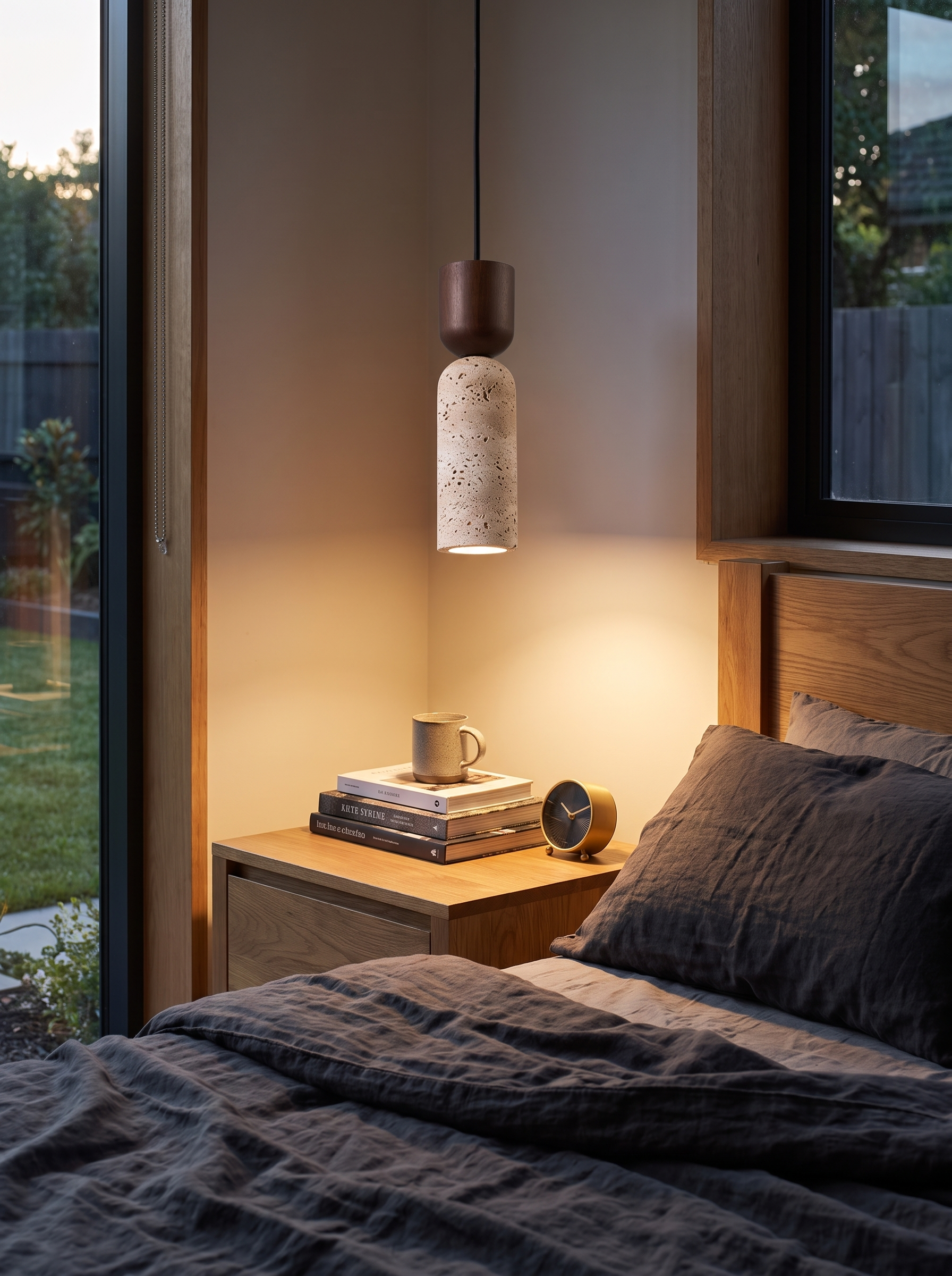 Wabi Sabi Travertine and Wood Pendant Light over a bedside table at dusk