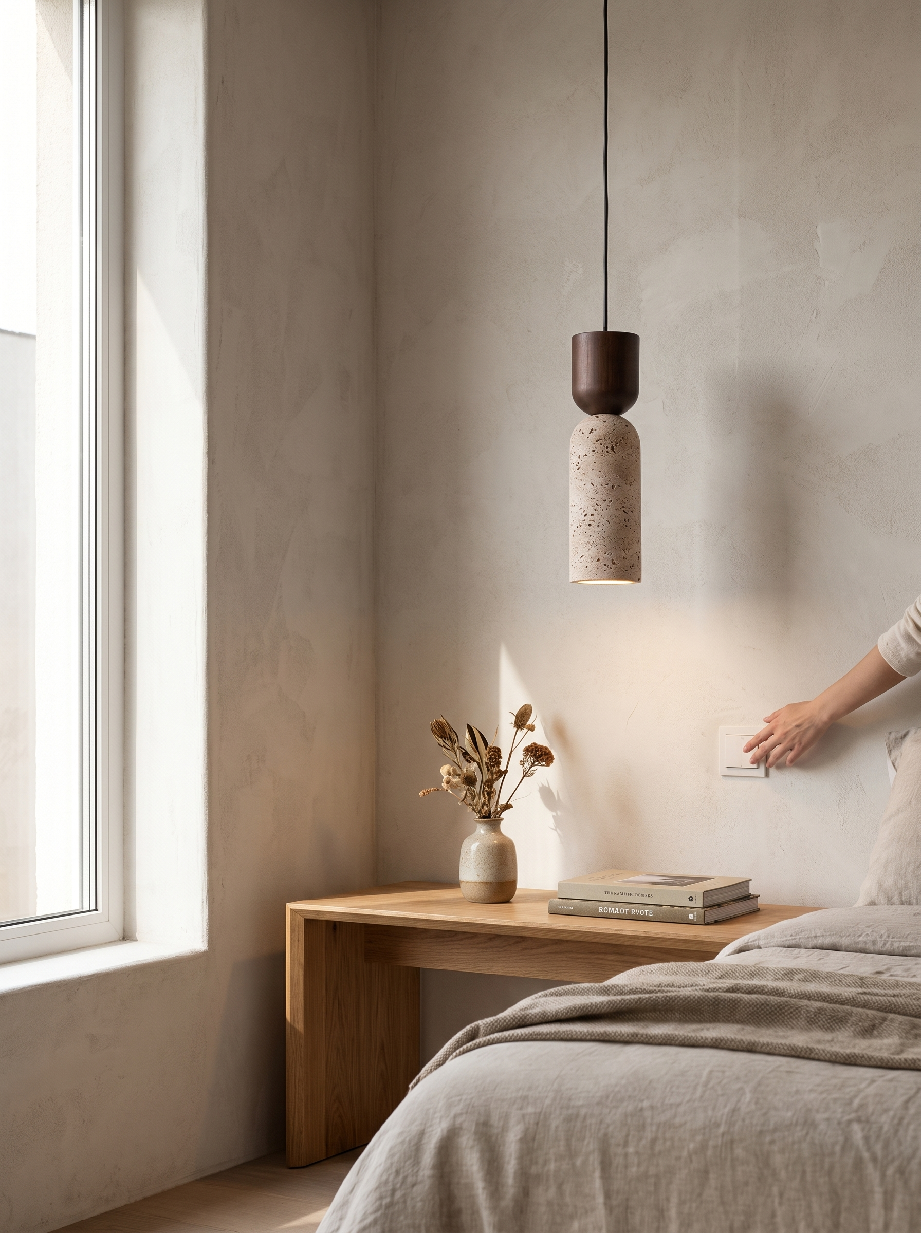 Wabi Sabi Travertine and Wood Pendant Light scale in a minimalist bedroom