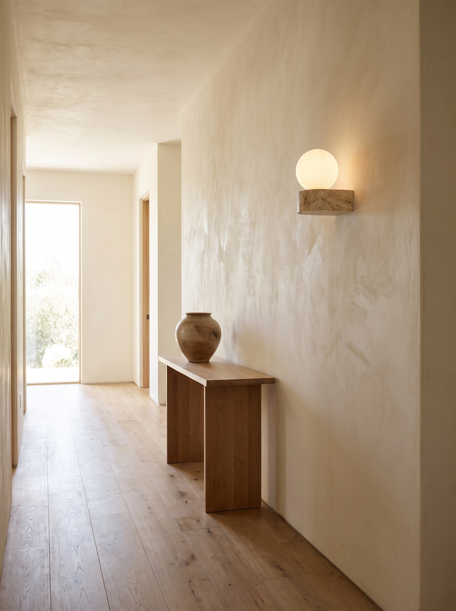 Travertine Stone Wall Lamp mounted in a serene hallway