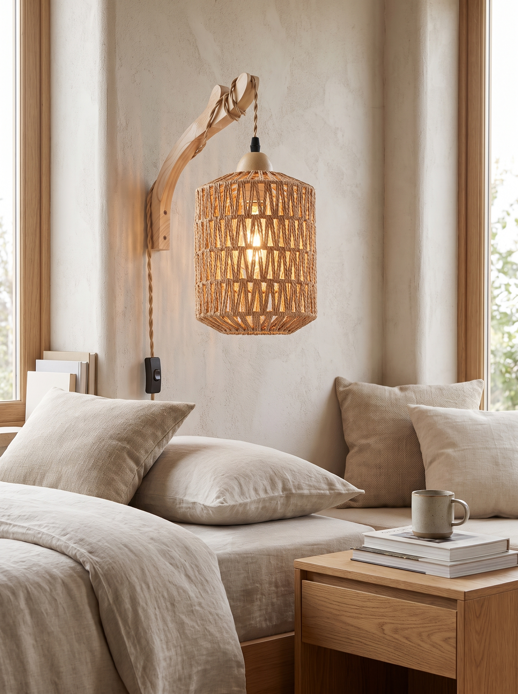 Boho Wood and Rattan Wall Lamp lifestyle image 1