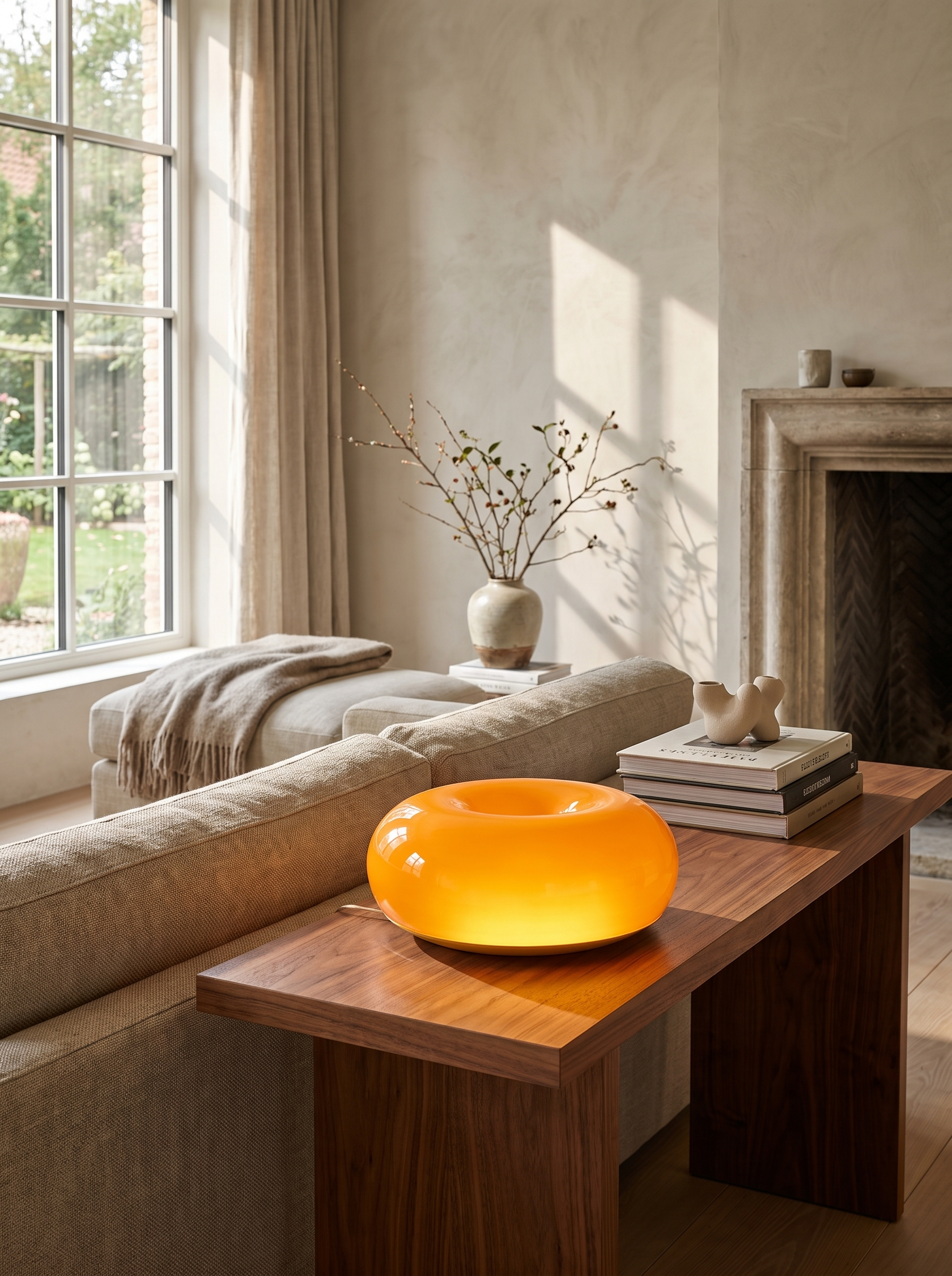 Bauhaus Donut Lamp in a home setting, Geometry Held To The Line
