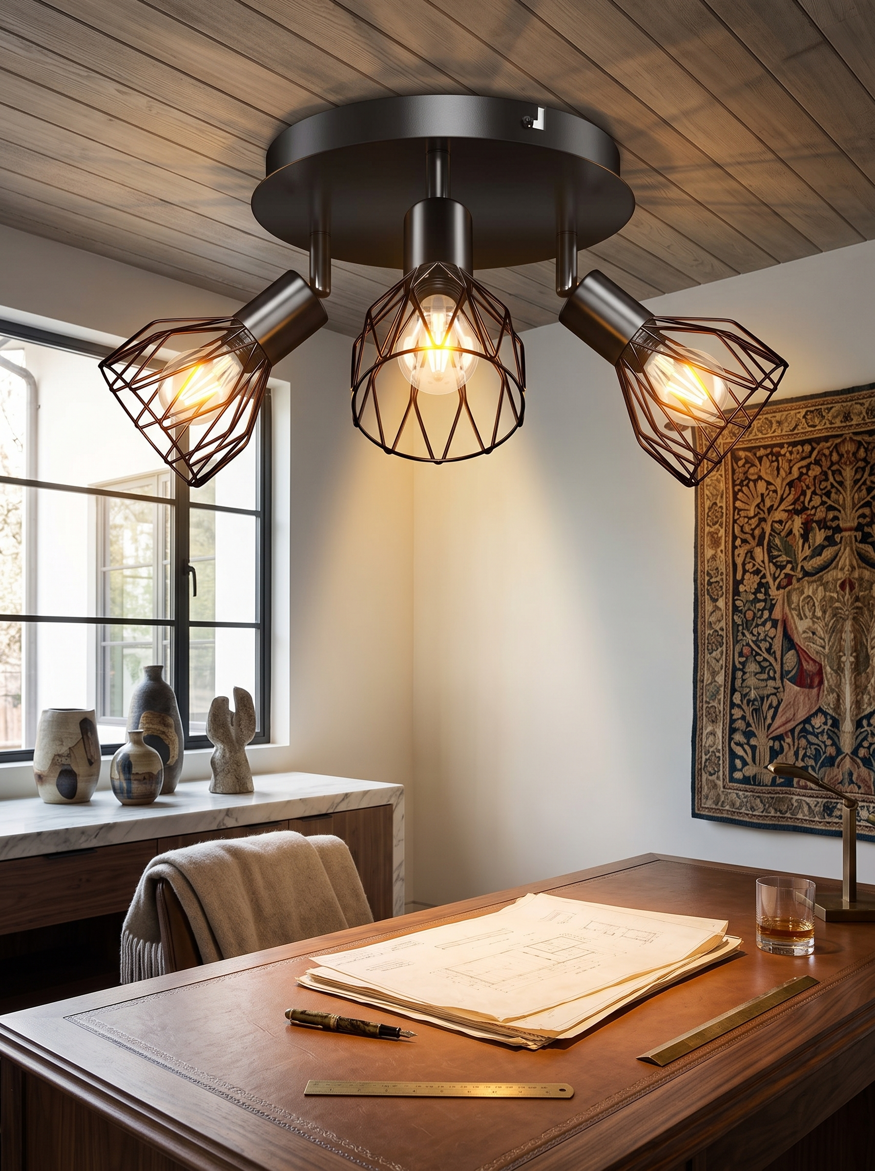 Industrial Adjustable Black Spotlight Ceiling Light in a home setting, Point The Light Yourself