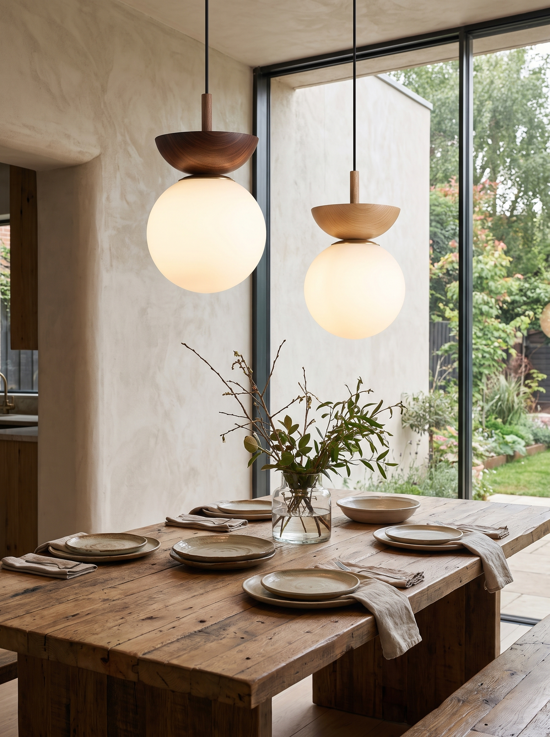 Modern Nordic Glass Ball Ceiling and Pendant Light in a home setting, Wood Against Glass
